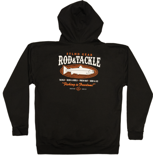 Black hoodie with STLHD Gear 'Rod & Tackle' logo on the back against a white background