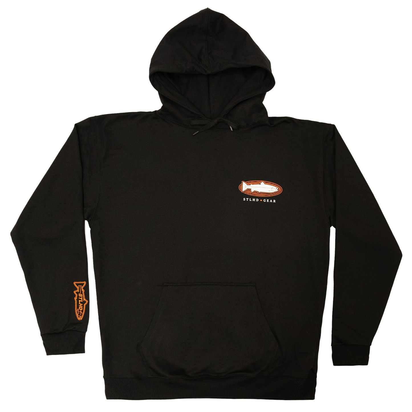 Black hoodie with orange and white STLHD Gear logo on a white background