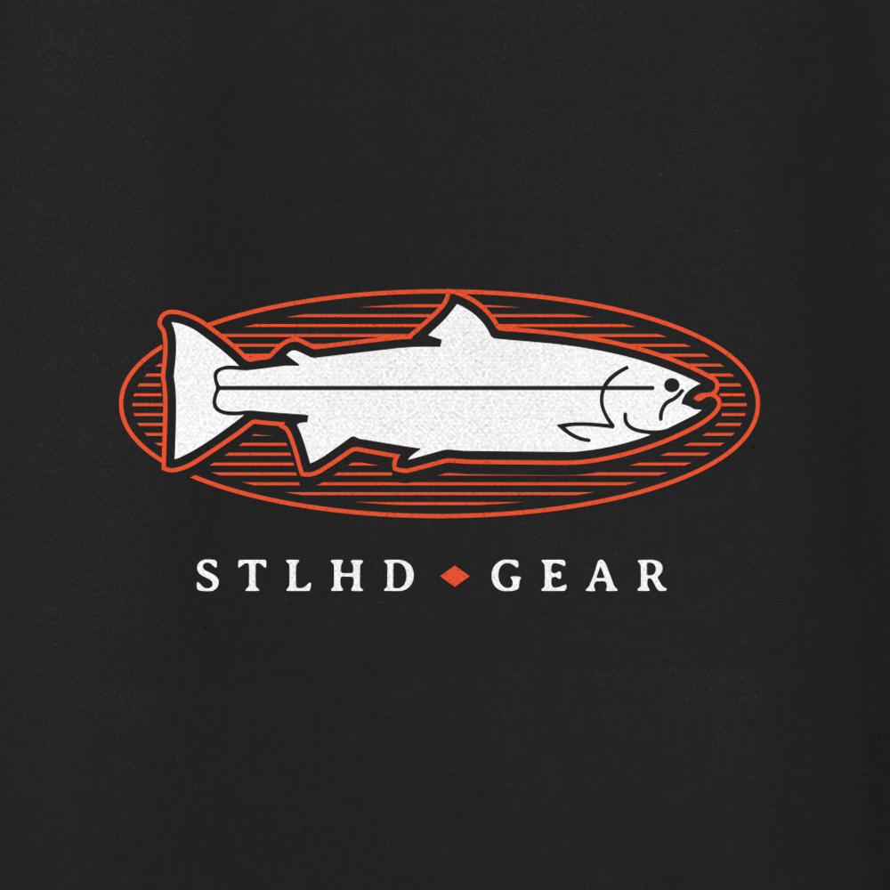 Logo of STLHD GEAR with a fish illustration on a black background
