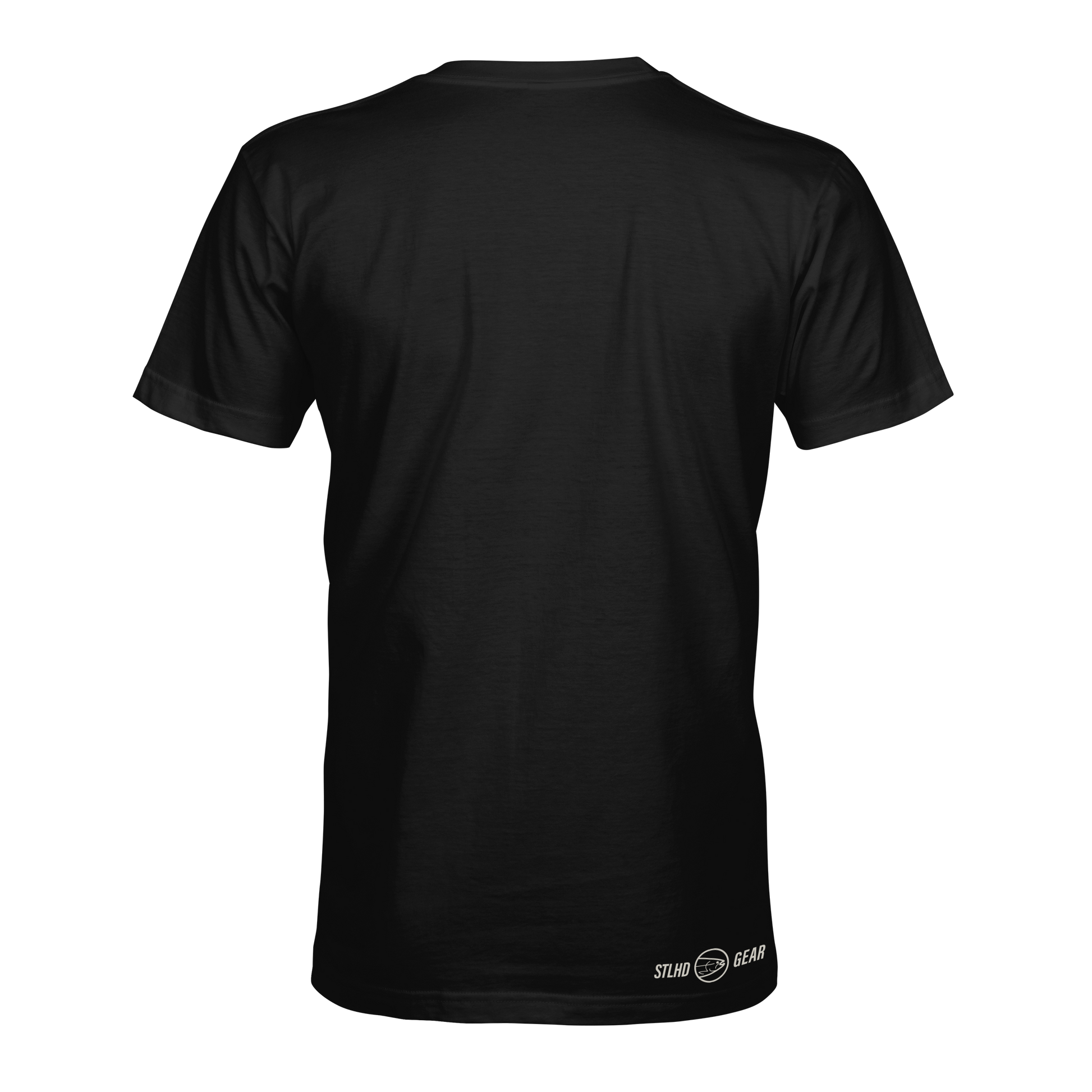 The STLHD GEAR Men’s Chomper T-Shirt is a black short-sleeve tee, shown from the back with a small white STLHD GEAR logo near the lower right hem, crafted for breathable comfort.