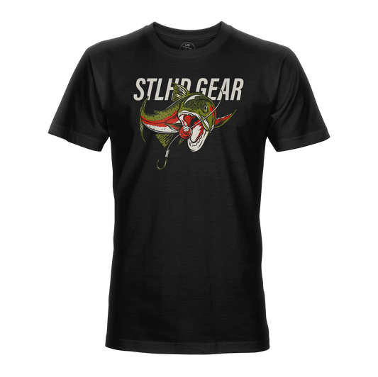 The STLHD Mens Chomper T-Shirt from STLHD GEAR features a green and orange fish with an open mouth and hook above “STLHD GEAR” in bold white letters, and is made from breathable CHROMELITE material for comfort.