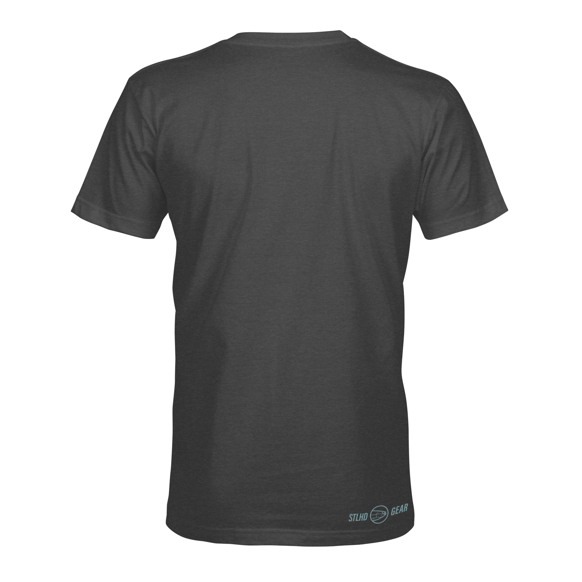 The STLHD GEAR Men’s Deep Dive T-Shirt is a plain dark gray short-sleeve tee shown from the back, with a small Sting Gear logo near the lower right hem, designed for breathable comfort on any outdoor adventure.