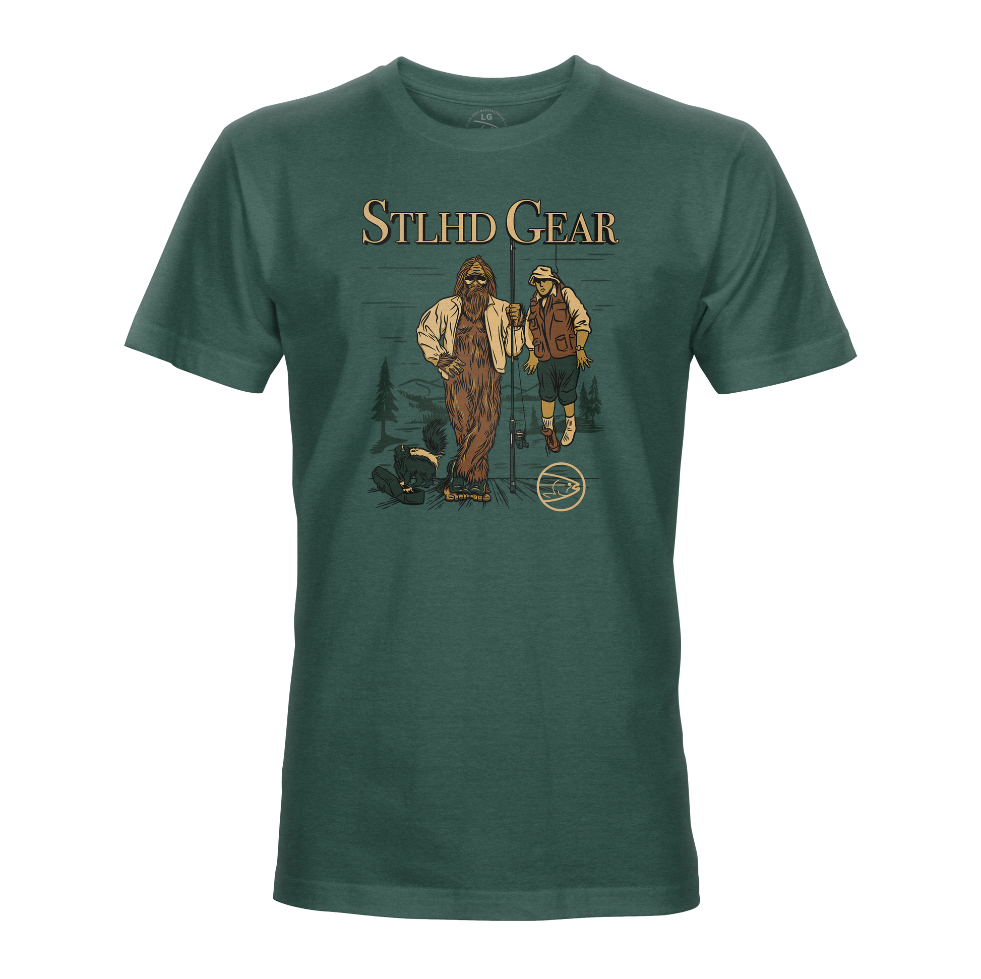 The STLHD Men’s Lake Potowotominimac T-Shirt by STLHD GEAR features the brand logo above Bigfoot and a fisherman in the woods, made with breathable CHROMELITE fabric. A small STLHD logo appears near their feet.