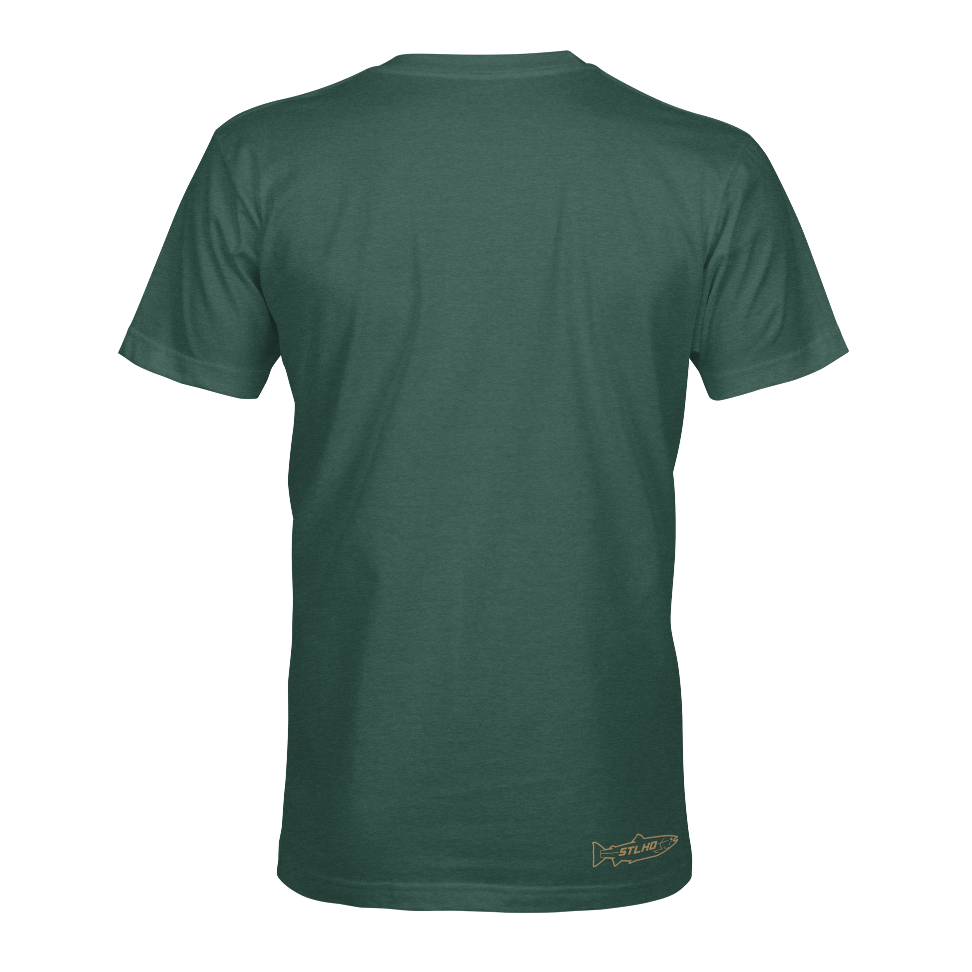 The STLHD GEAR Men’s Lake Potowotominimac T-Shirt is shown from the back in plain dark green, featuring a small fish graphic and text near the lower right hem. Crafted from CHROMELITE material for breathable comfort.