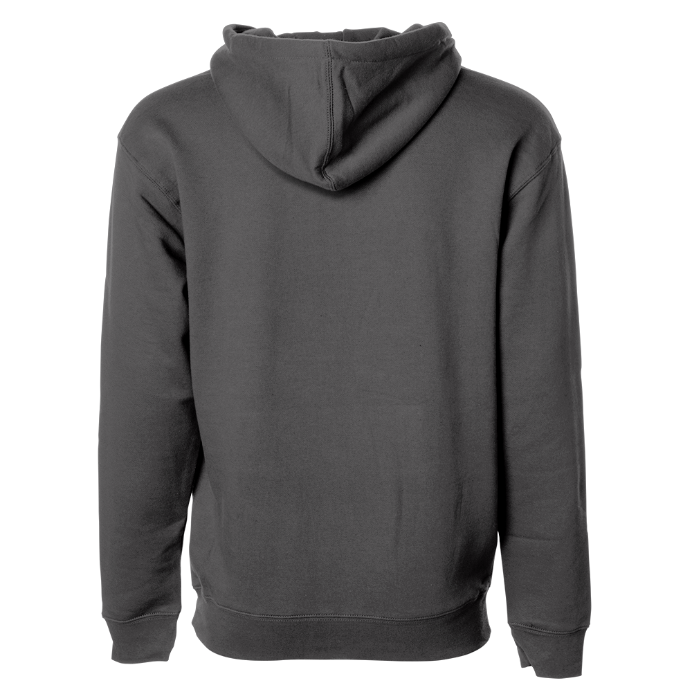 The STLHD GEAR Men’s Deep Dive Premium Hoodie, shown from the back in plain dark gray with the hood up, offers long sleeves and a relaxed fit—ideal for outdoor adventure with no visible designs or logos.