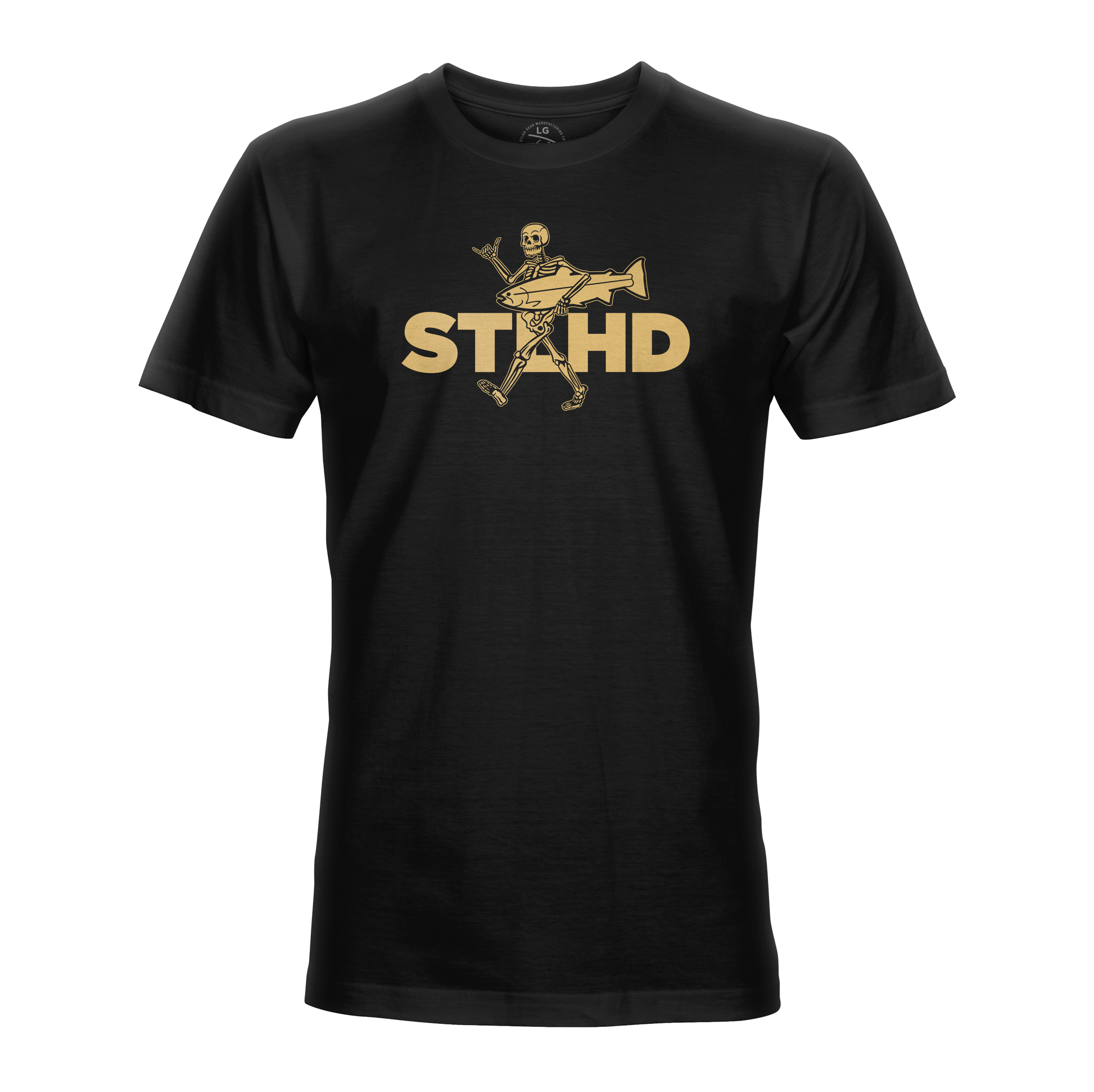 The STLHD Loosey Goosey T-Shirt by STLHD GEAR features a beige skeleton with a trumpet and rock hand gesture, plus bold STHD graphics—a breathable tee for standout fishing or casual style on and off the water.