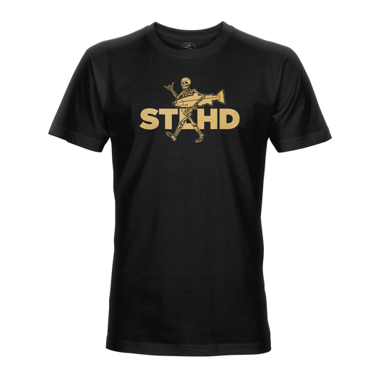The STLHD Loosey Goosey T-Shirt by STLHD GEAR features a beige skeleton with a trumpet and rock hand gesture, plus bold STHD graphics—a breathable tee for standout fishing or casual style on and off the water.