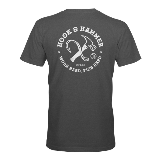 Ideal for outdoor enthusiasts, the STLHD GEAR Hook and Hammer T-Shirt sports a dark gray color and bold white fish hook and hammer graphic on the back—making it your next favorite fishing shirt.