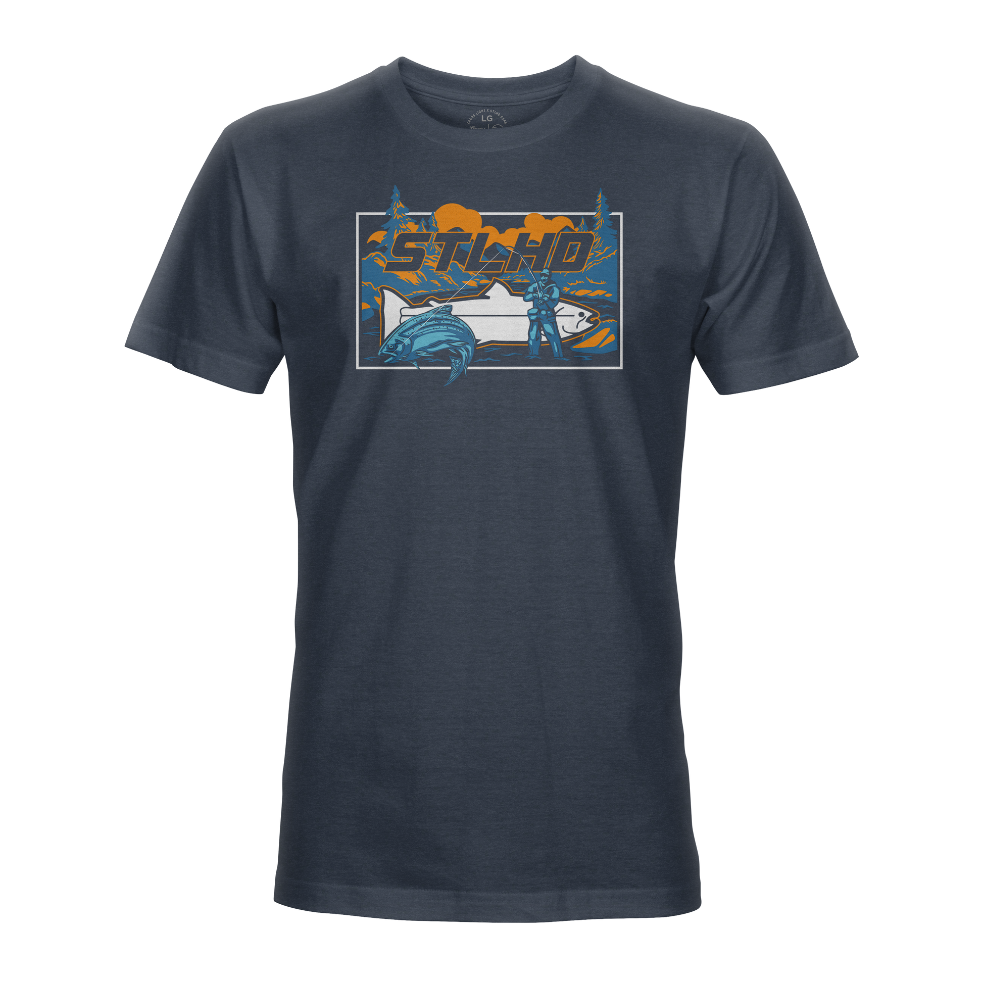 The STLHD Let’er Rip T-Shirt by STLHD GEAR is a dark blue tee featuring a bold psycho graphic with a person, car, and leaping fish. Made from breathable comfort weave for all-day wear.