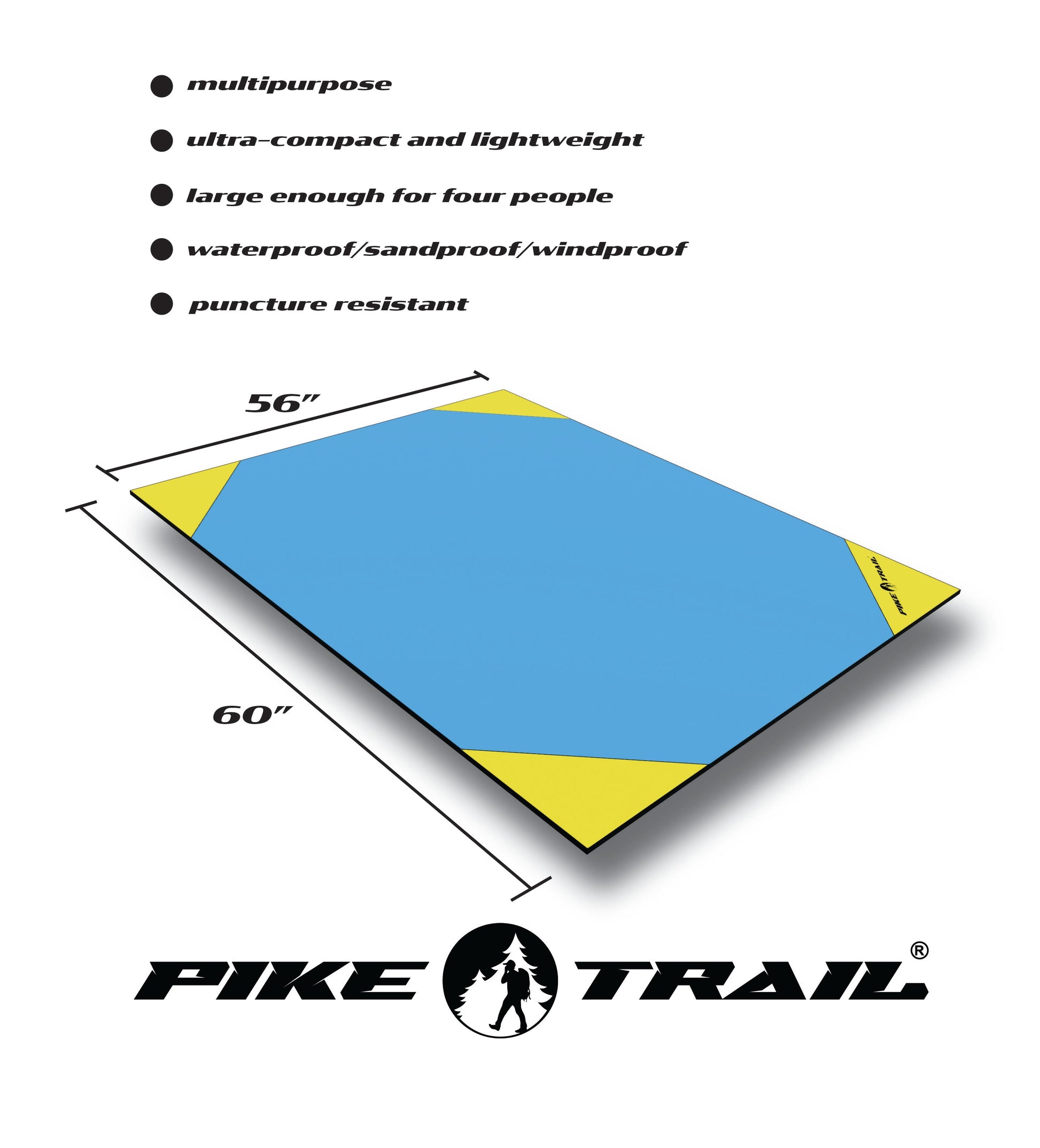 The Pike Trail Pocket Blanket by Pike Trail is a blue and yellow 56x60 lightweight, rectangular blanket thats multipurpose, ultra-compact, large enough for four, waterproof, sandproof, windproof, and puncture resistant.