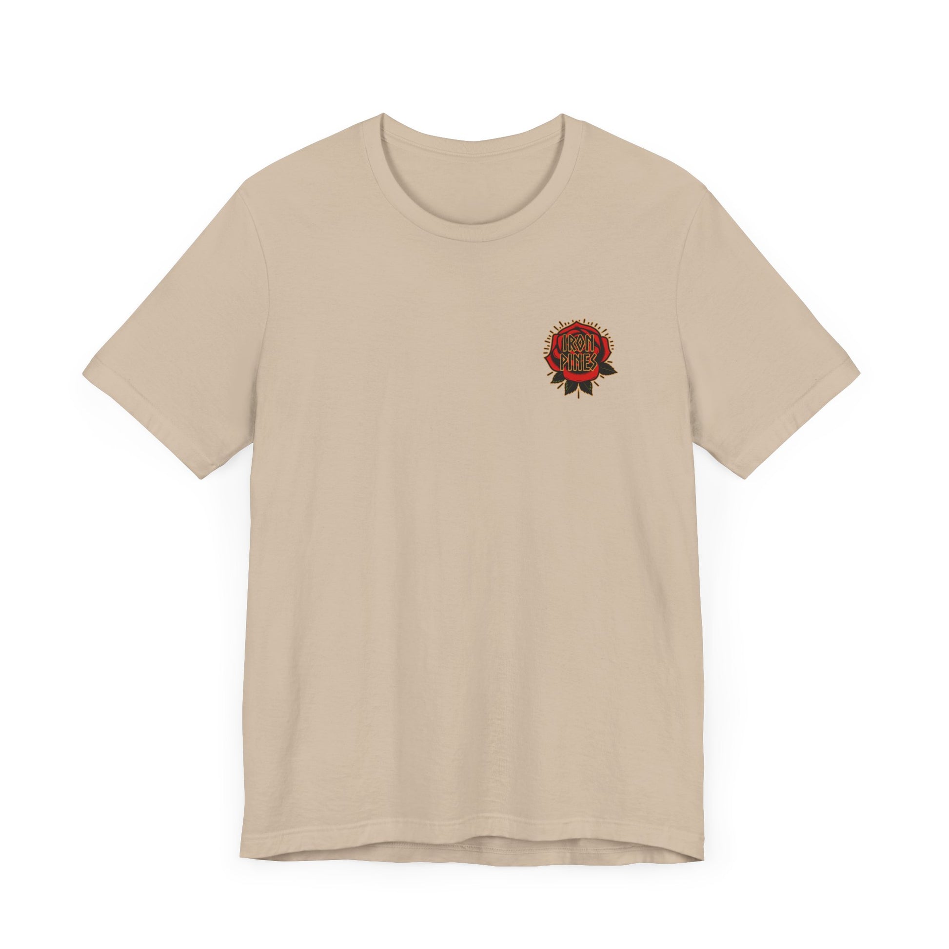 Beige unisex Never Mistake My Kindness For Weakness tee by Printify, featuring a small circular red and black emblem with text on the left chest. Made from Airlume cotton and shown on a white background.
