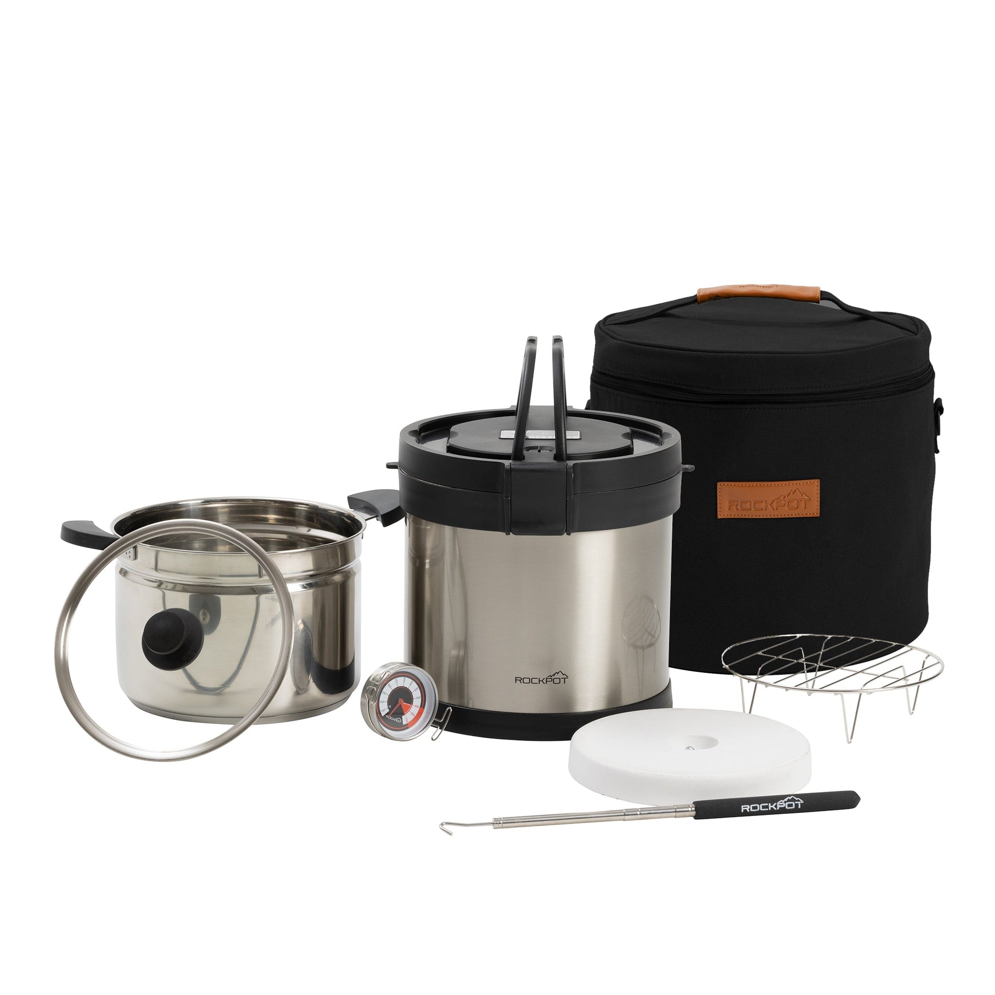 The RockPot Mini Bundle by RockPot is an all-in survival cooking set with a stainless steel pot and glass lid, insulated pot, thermometer, white disc, metal rack, extendable fork, stone-based heating block, and a sturdy case with brown handle. No plug required.