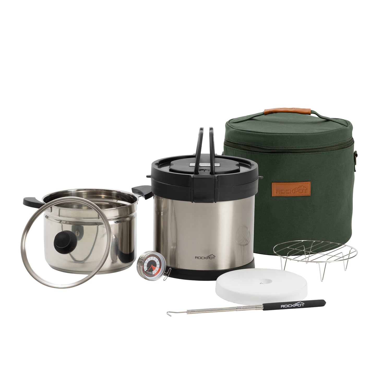 The RockPot Mini Bundle – All-In Survival Cooking, No Plug Required by RockPot includes a stainless steel pot with lid, insulated container, thermometer, carrying bag, metal rack, white disc, and folding spoon—ideal for emergencies or portable cooking.
