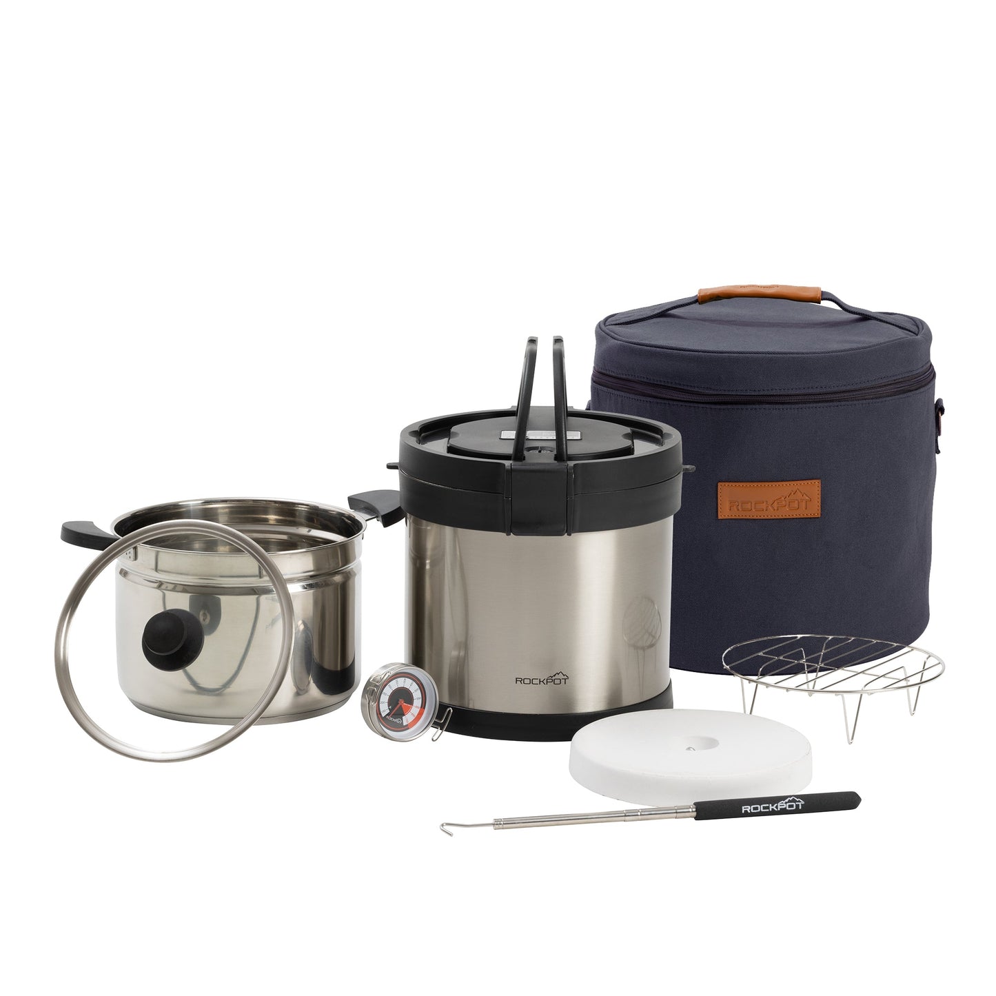 The RockPot Mini Bundle by RockPot includes a pot, lid, thermal container, thermometer, folding rack, foam disc, telescopic handle, navy blue insulated case, and a stone-based heating block for efficient, off-grid, plug-free survival cooking.