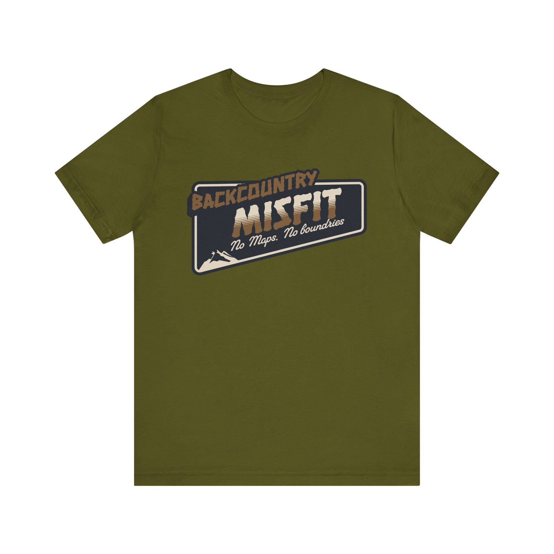 The olive green Printify Backcountry Misfit T-Shirt is a rugged unisex hiking tee with bold lettering and No maps. No boundaries. below a mountain graphic—ideal for trail rebels and off-grid wanderers.