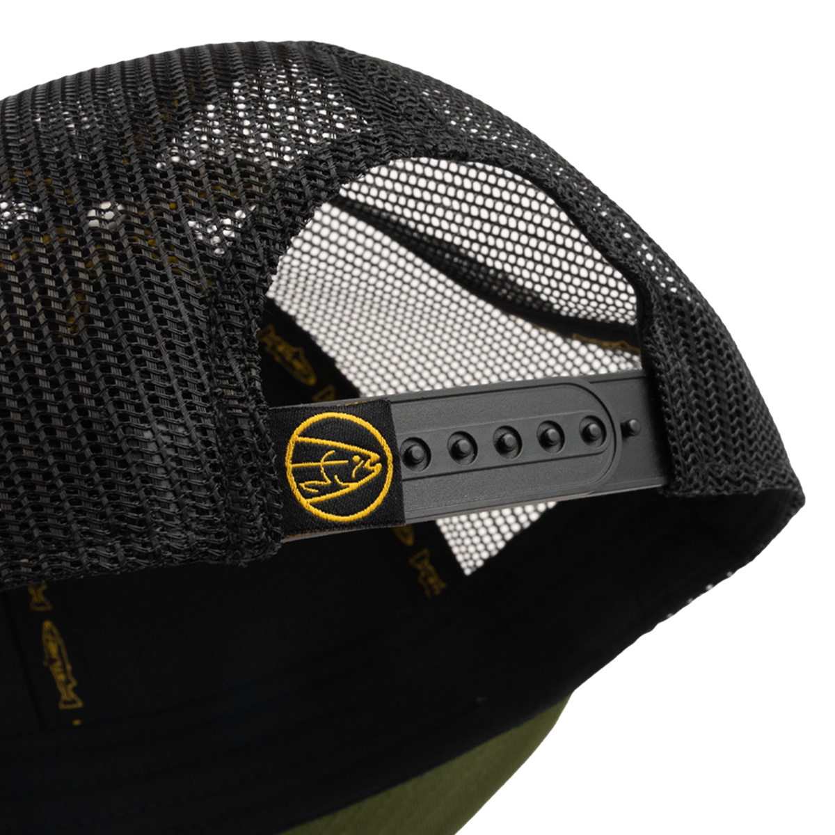 Close-up of the STLHD GEAR Race Ya Flat Bill Trucker Hat, showing its adjustable snapback and breathable mesh back with a yellow embroidered bird outline.