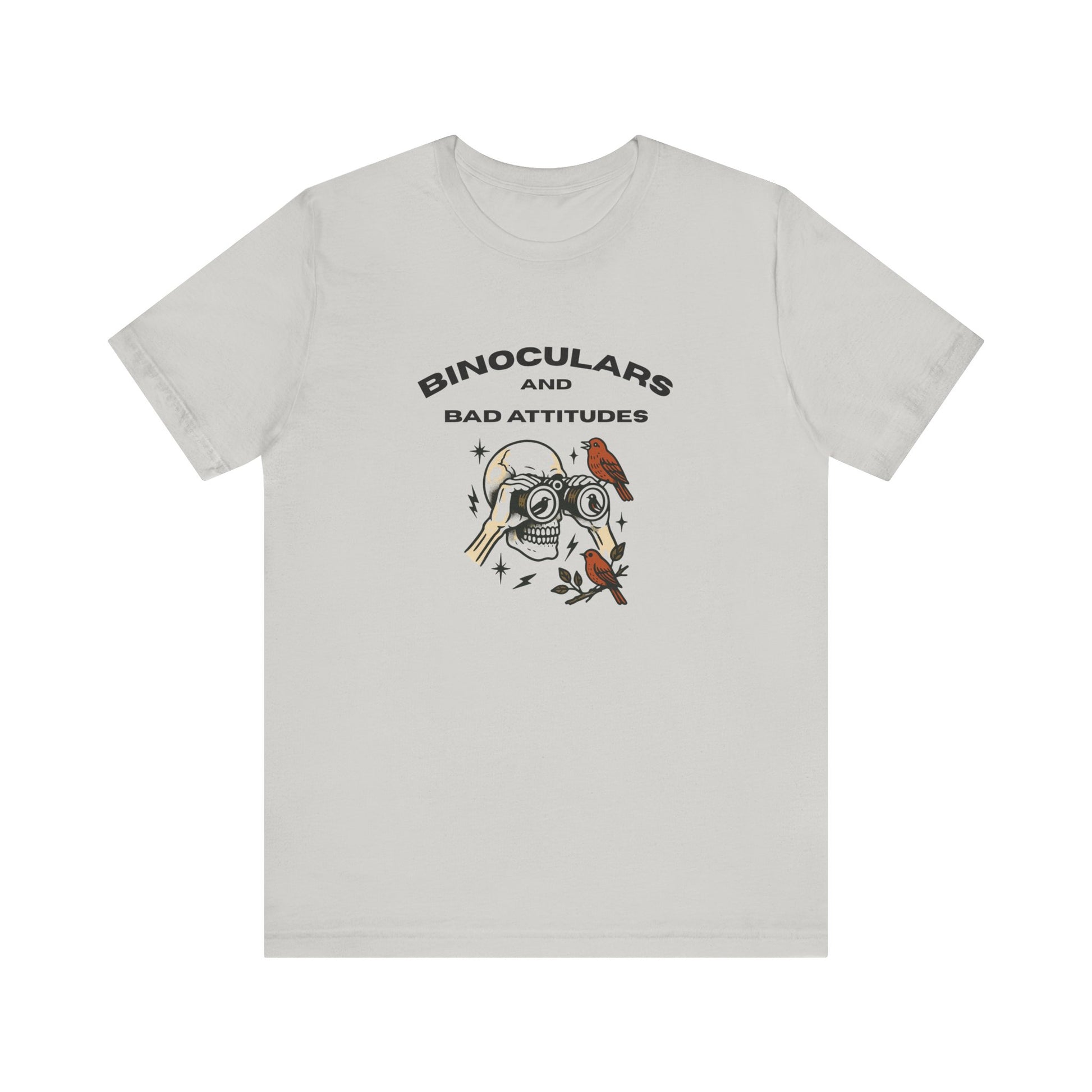 The Bird Watching Is Hardcore T-Shirt by Printify features binoculars, birds, and leaves with “BINOCULARS AND BAD ATTITUDES” above—an ideal funny punk birder shirt for misfits, field freaks, and ornithologist collectors.