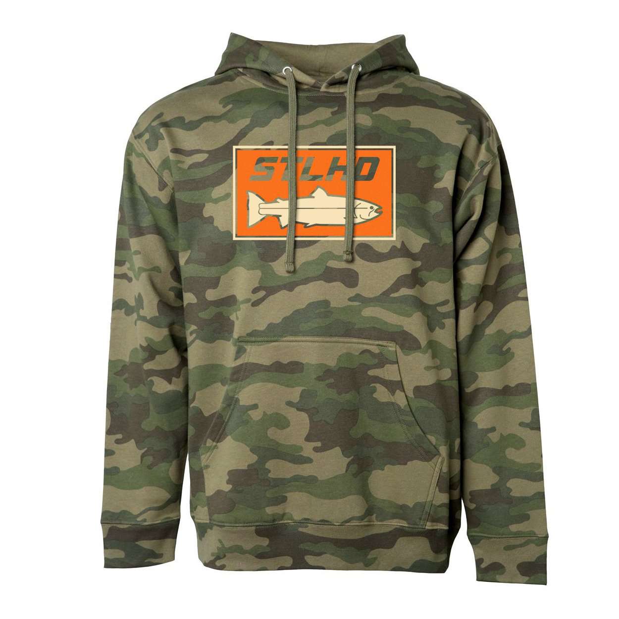 The STLHD Mens Woodlands Camo Standard Hoodie by STLHD GEAR features a green camo design, front pocket, hood, and an orange patch with fish image on the chest—ideal for fishing and outdoor adventures.
