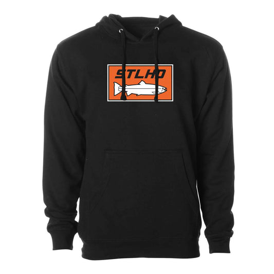 The STLHD Mens Standard Logo Black Hoodie by STLHD GEAR features a front pocket and a rectangular orange logo with a white fish outline and STLHD above it. This fleece-lined hoodie is perfect for staying warm on any steelhead adventure.