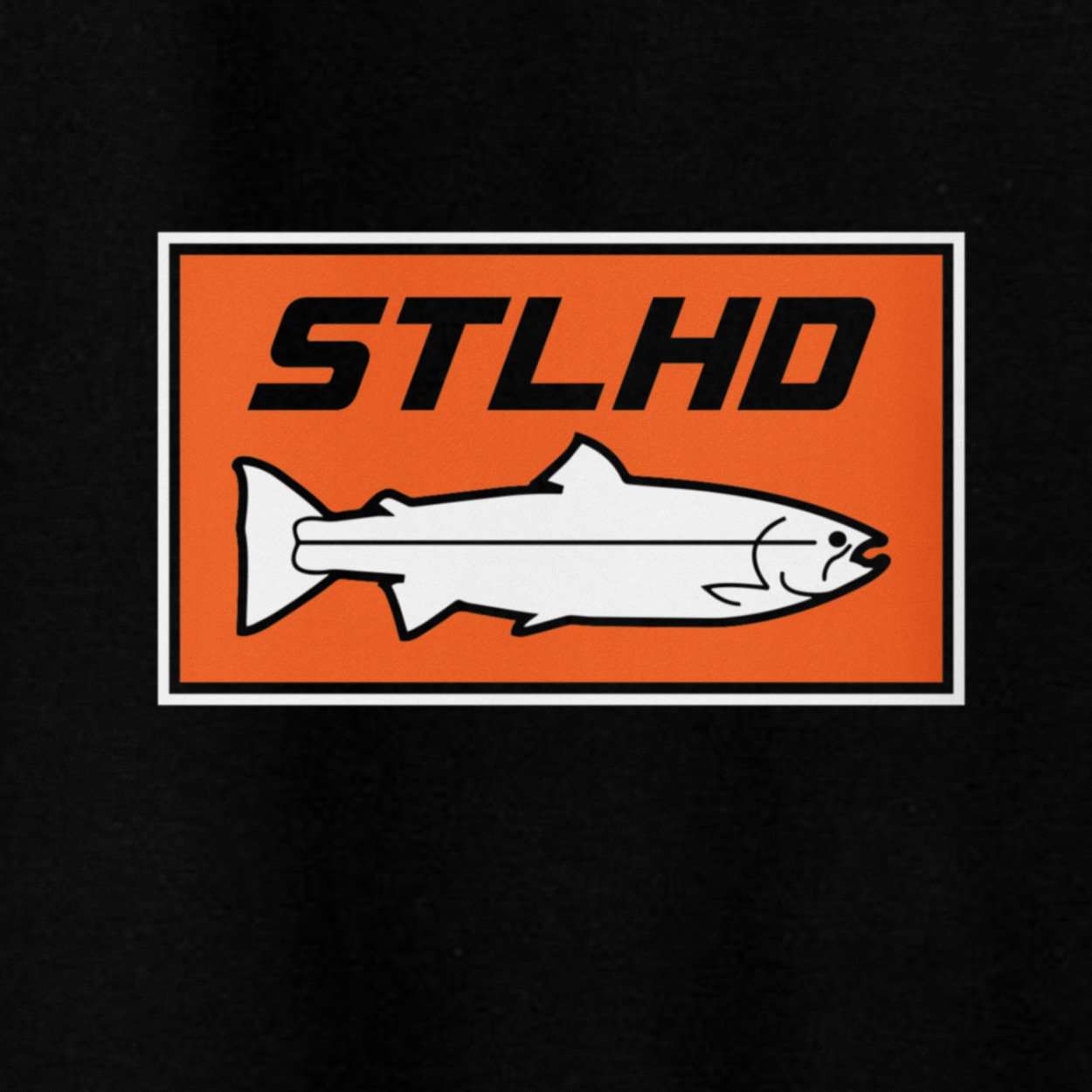An orange rectangle outlined in white with bold black STLHD text sits above a simple white fish graphic on a black background—perfect for fans of the STLHD Mens Standard Logo Black Standard Hoodie from STLHD GEAR.