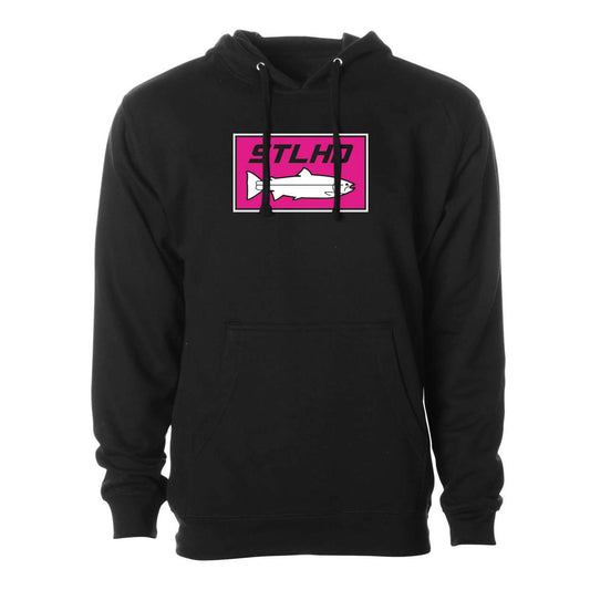 The STLHD GEAR Mens Neon Pink Black Standard Hoodie is fleece-lined with a front pocket and features a white fish silhouette and bold neon pink STLHD logo on the chest—perfect fishing apparel for any angler.