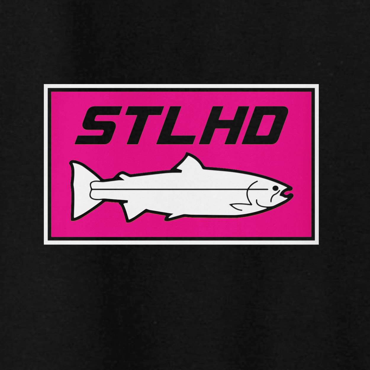 A white fish illustration is centered on a neon pink background on the STLHD Mens Neon Pink Black Standard Hoodie by STLHD GEAR, with “STLHD GEAR” in bold black letters above, all outlined in white and black on a black hoodie.