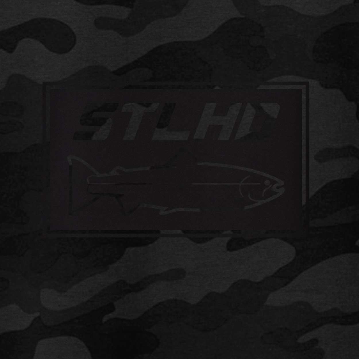 The STLHD Mens Black Water Black Camo Standard Hoodie by STLHD GEAR features a dark camo design with a subtle rectangular patch and faint fish outline, ideal for fans of classic black camo sweatshirts or authentic STLHD hoodies.