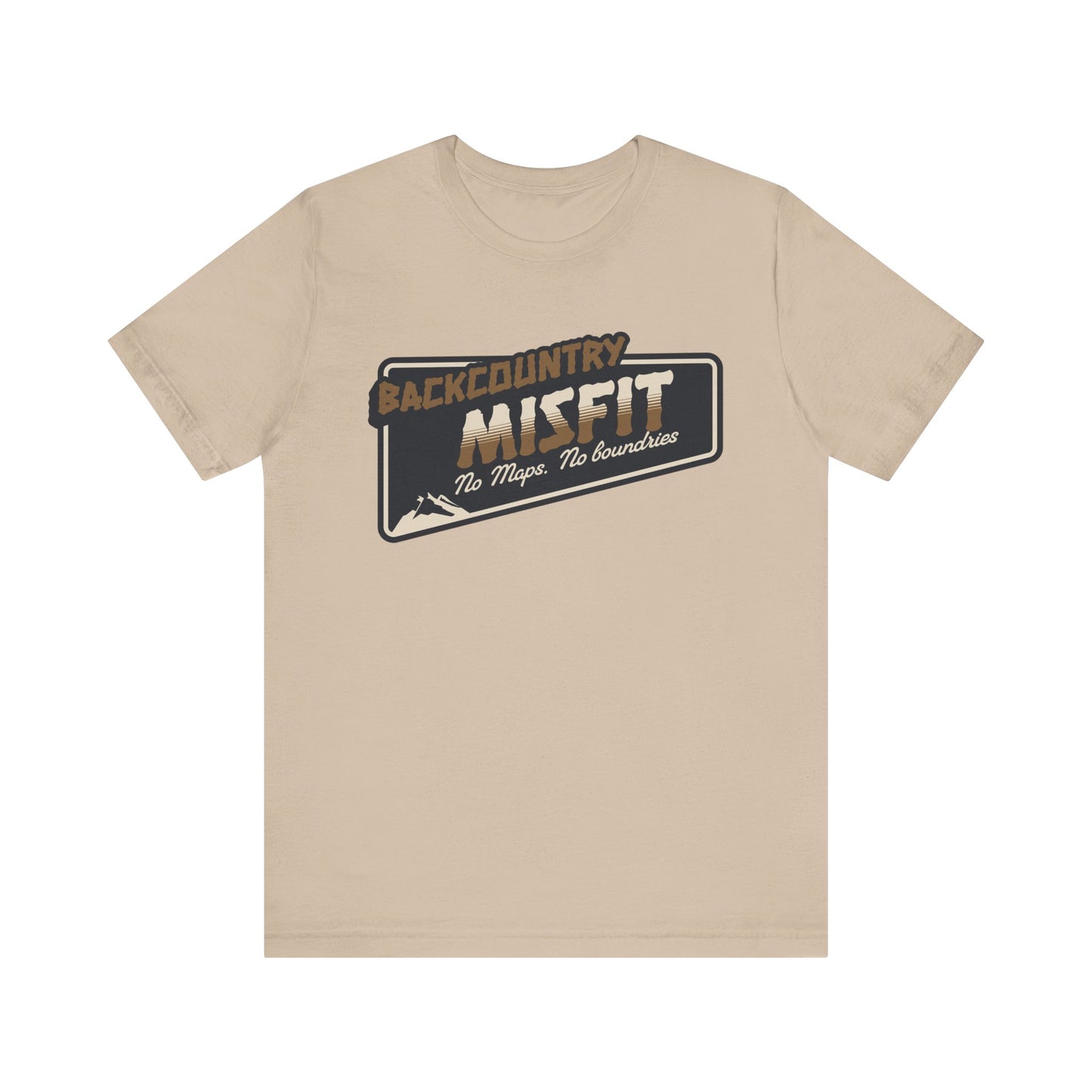 The Printify Backcountry Misfit T-Shirt is a rugged hiking tee for trail rebels and off-grid wanderers, featuring bold No Maps. No Boundaries. lettering with a mountain graphic—perfect for adventure lovers.