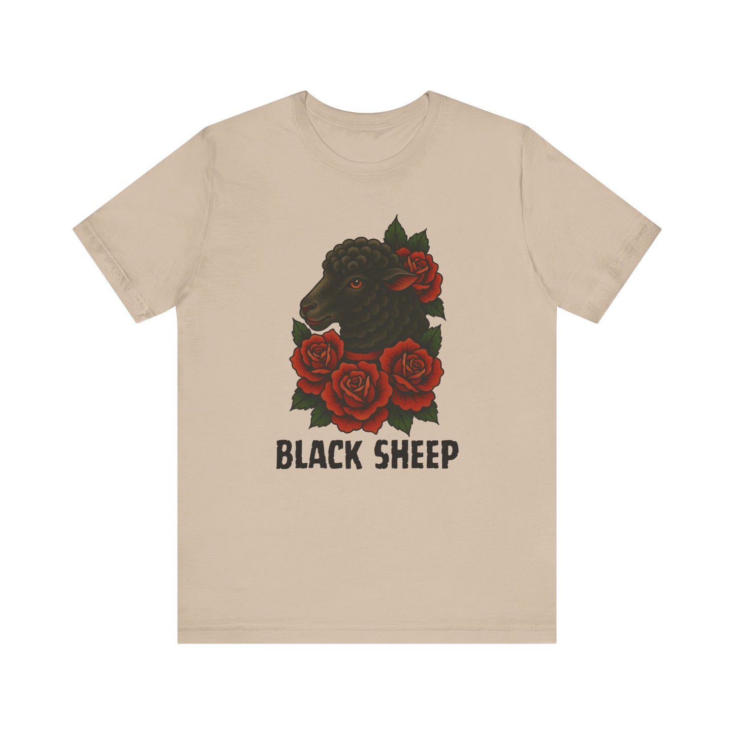 The Black Sheep Tee by Printify features a beige softstyle fabric with a black sheep’s head amid red roses and “BLACK SHEEP” below—a bold t-shirt for true originals.
