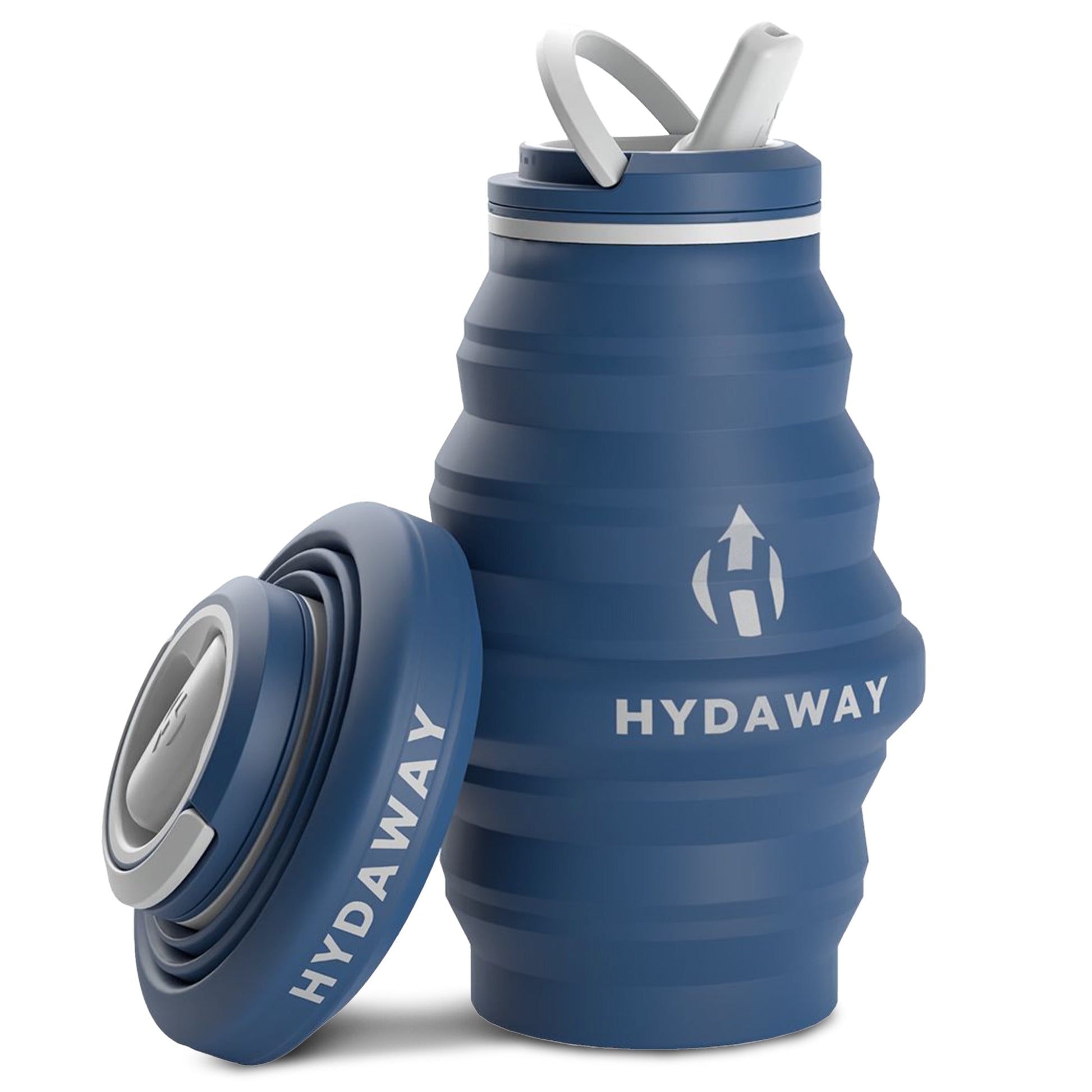 A blue HYDAWAY 17oz Collapsible Water Bottle from the HYDAWAY Official Store is shown expanded with a lid and straw, and folded flat with the lid beside it. Made from BPA-free silicone.
