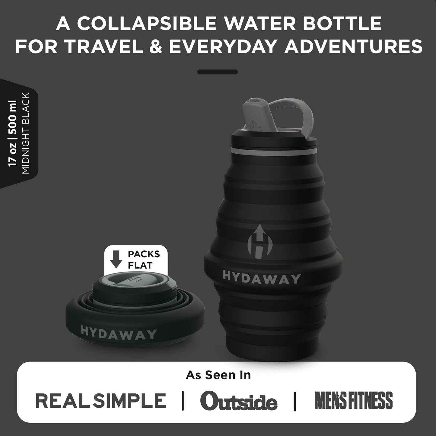The HYDAWAY 17oz Collapsible Water Bottle from the HYDAWAY Official Store is a black, BPA-free silicone bottle that expands and flattens—perfect for travel and daily use. Featured by Real Simple, Outside, and Men’s Fitness.