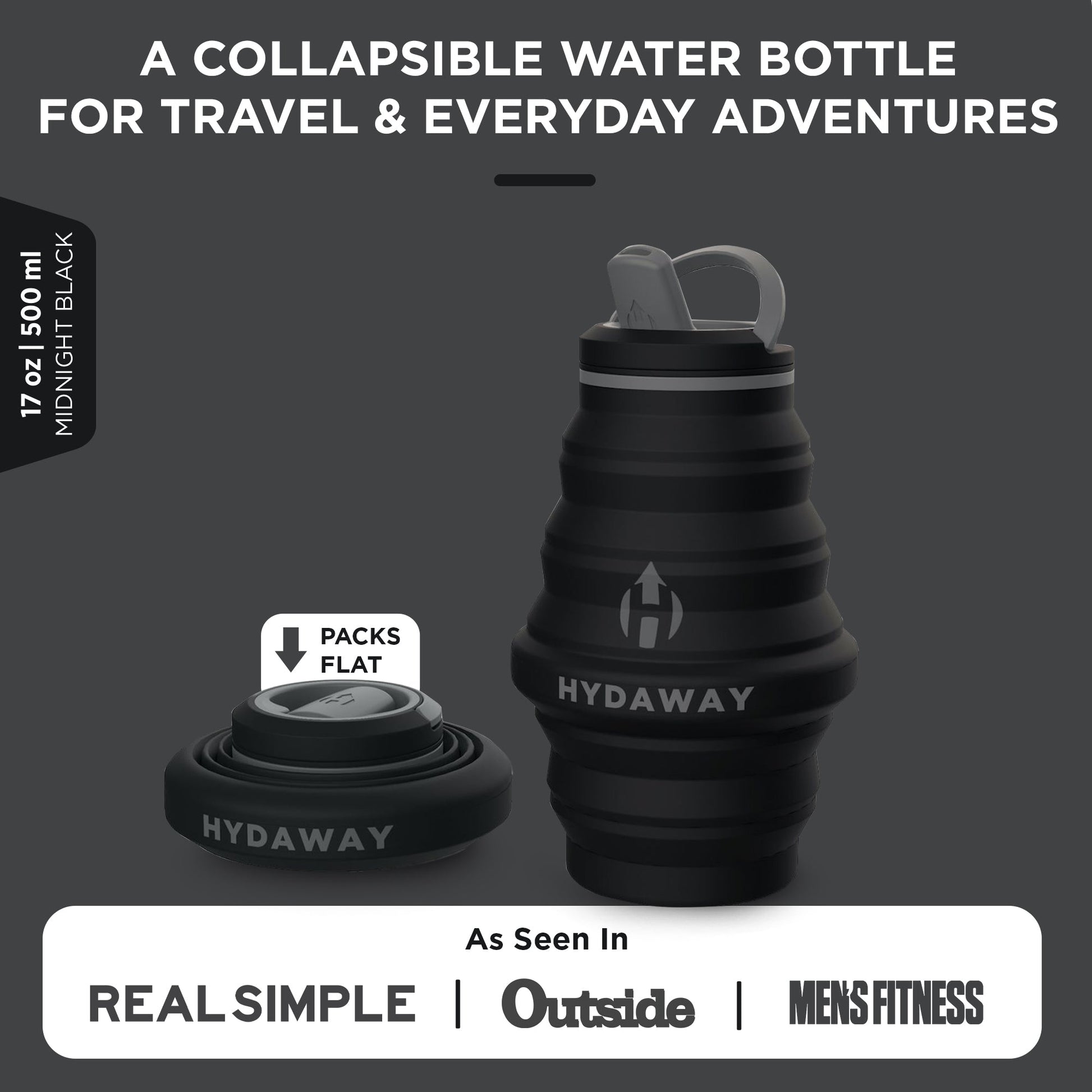 The HYDAWAY 17oz Collapsible Water Bottle from the HYDAWAY Official Store is a black, BPA-free silicone bottle that expands and flattens—perfect for travel and daily use. Featured by Real Simple, Outside, and Men’s Fitness.