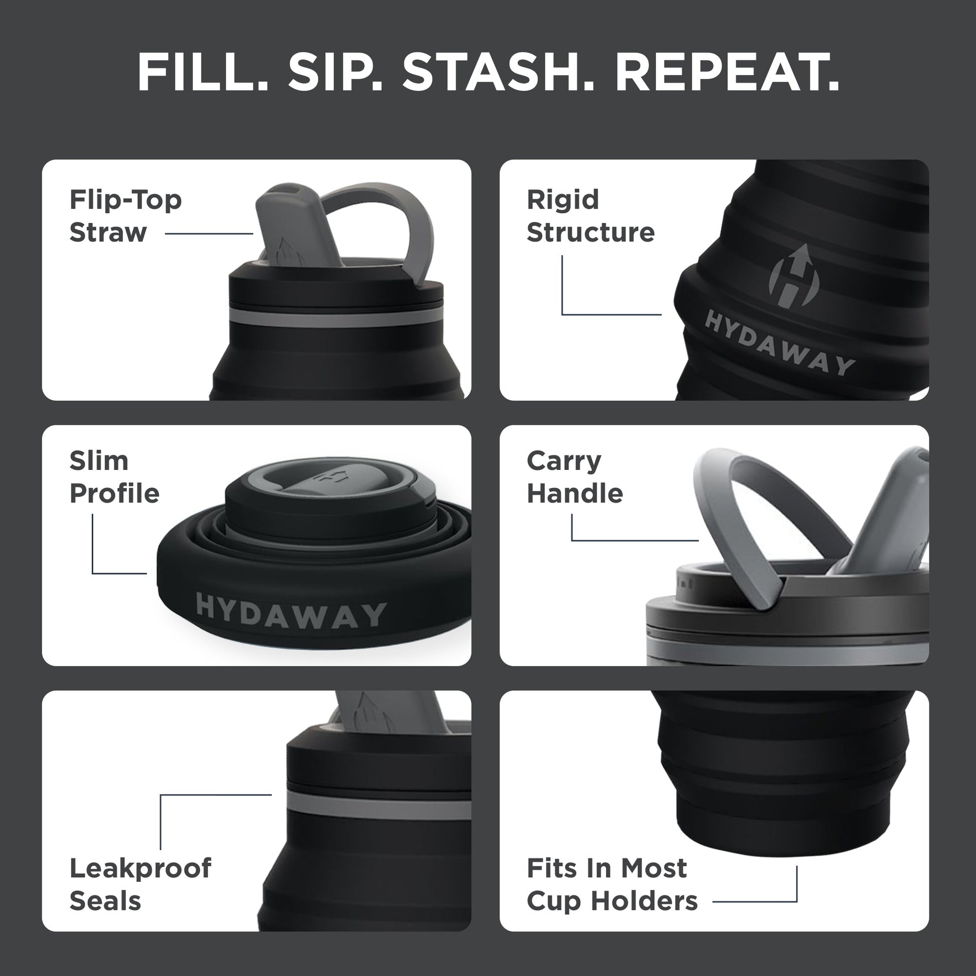A collage featuring various water bottles, such as the HYDAWAY 17oz Collapsible Water Bottle from the HYDAWAY Official Store, including a travel-friendly and BPA-free silicone design.