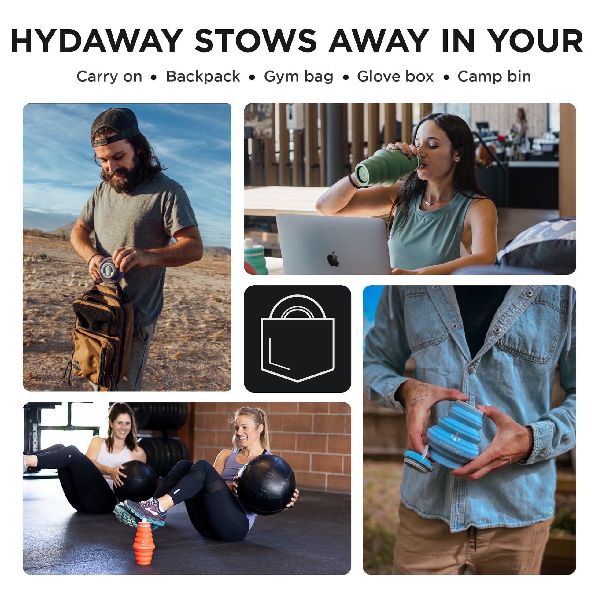 A collage displays people using the HYDAWAY 17oz Collapsible Water Bottle by HYDAWAY Official Store outdoors, in the gym, and packing it into a carry-on, backpack, gym bag, glove box, or camp bin.