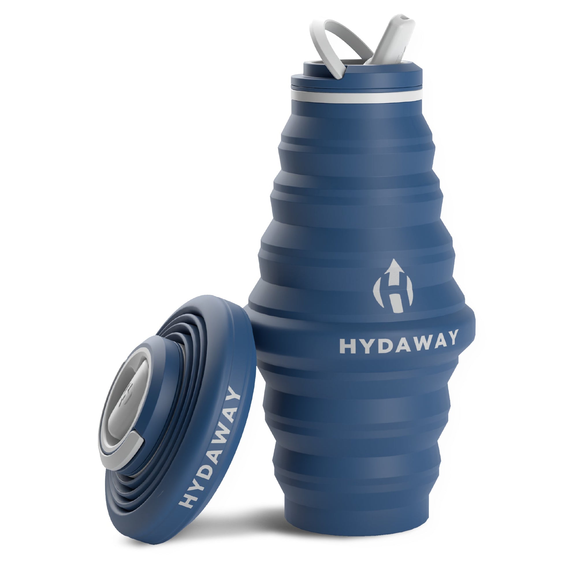 Hydaway 25 oz Blue collapsible water bottle with HYDAWAY branding on a white background