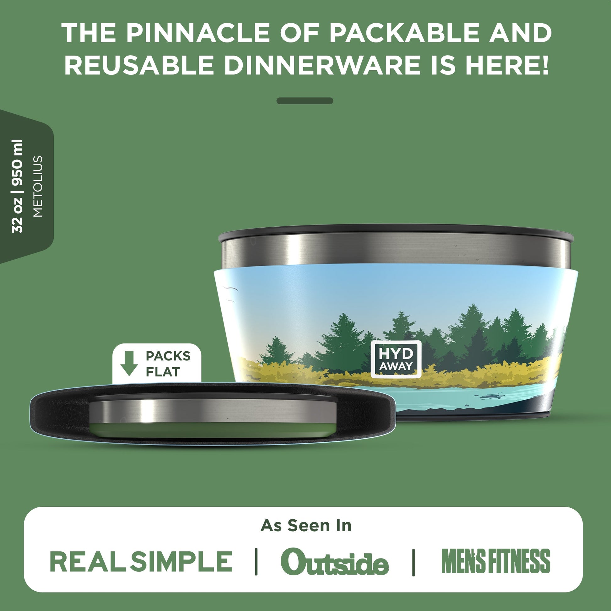 The HYDAWAY 1‑Quart Collapsible Insulated Bowl from HYDAWAY Official Store is BPA-free silicone with a nature design, expands to 32 oz, reusable and packable, shown expanded and flat. Features labeled; seen in Real Simple, Outside, Men’s Fitness.