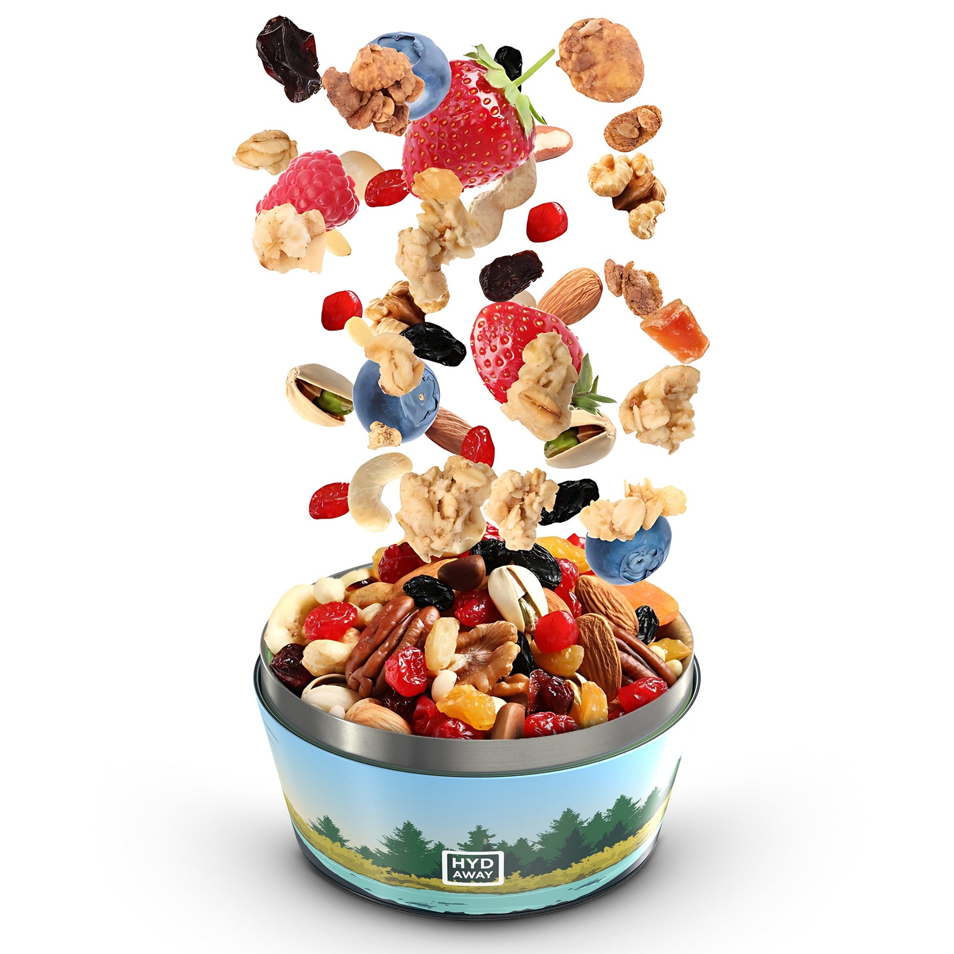 A bowl of trail mix with nuts, dried fruit, and granola sits in a HYDAWAY 1‑Quart Collapsible Insulated Bowl from the HYDAWAY Official Store, with strawberries, blueberries, raspberries, and more scattering above against a white background.