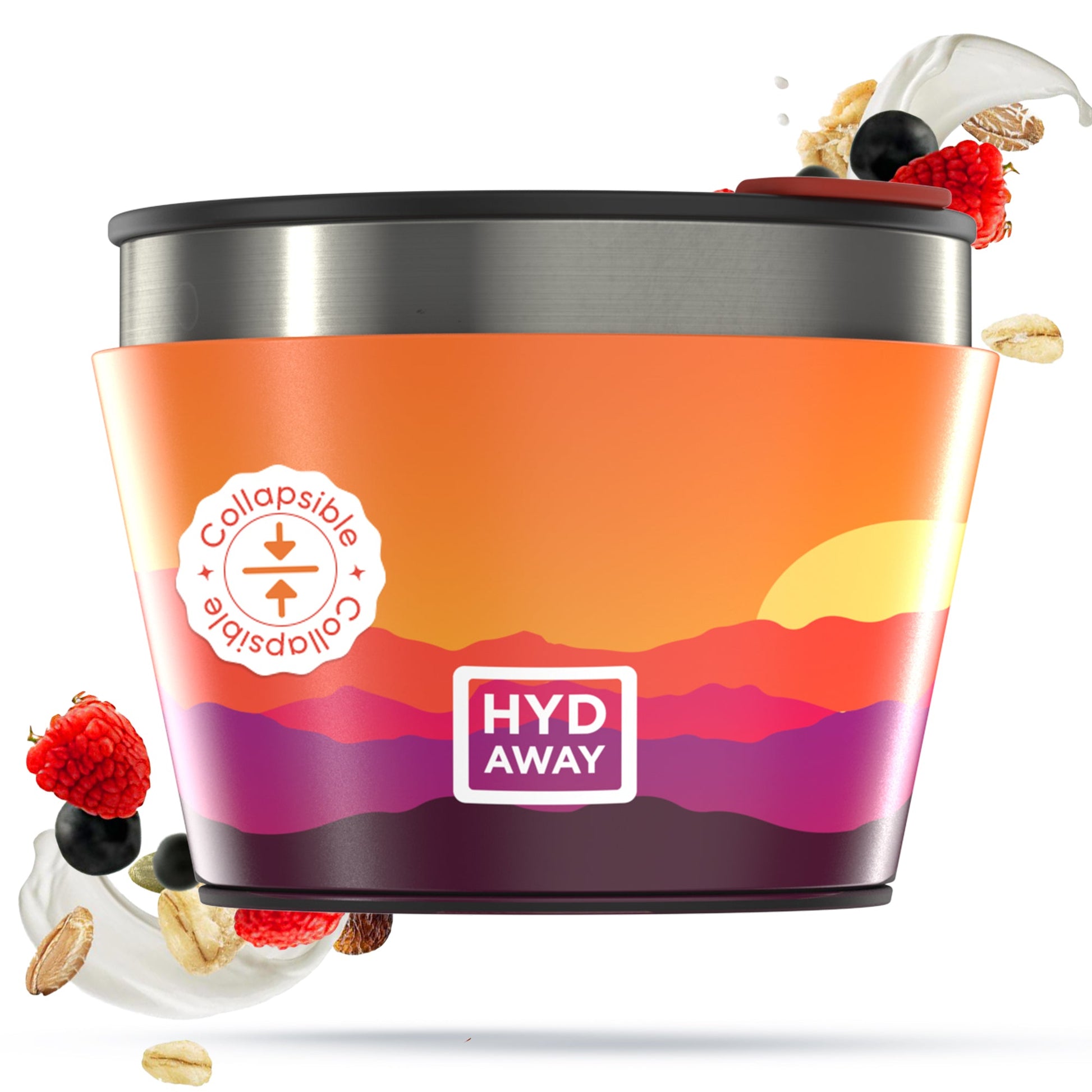 A vibrant HYDAWAY 1.5-Cup Collapsible Insulated Bowl from the HYDAWAY Official Store sits center stage, surrounded by berries, yogurt, granola, and oats. The BPA-free silicone bowl features a landscape design and HYD AWAY on the front.