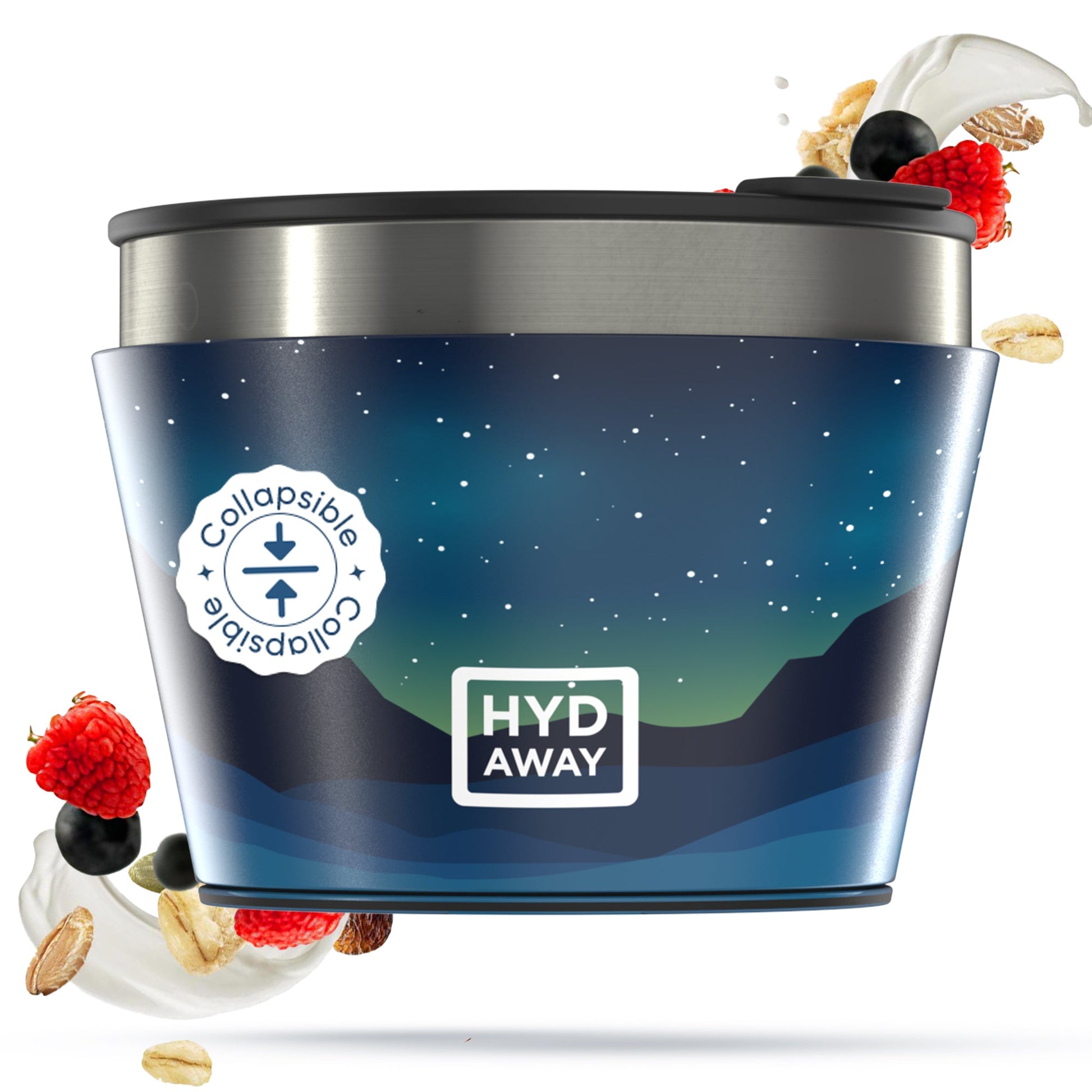 The HYDAWAY Official Store 1.5-Cup Collapsible Insulated Bowl, BPA-free silicone, features a starry night mountain design and Collapsible logo, surrounded by yogurt, berries, oats, and nuts.