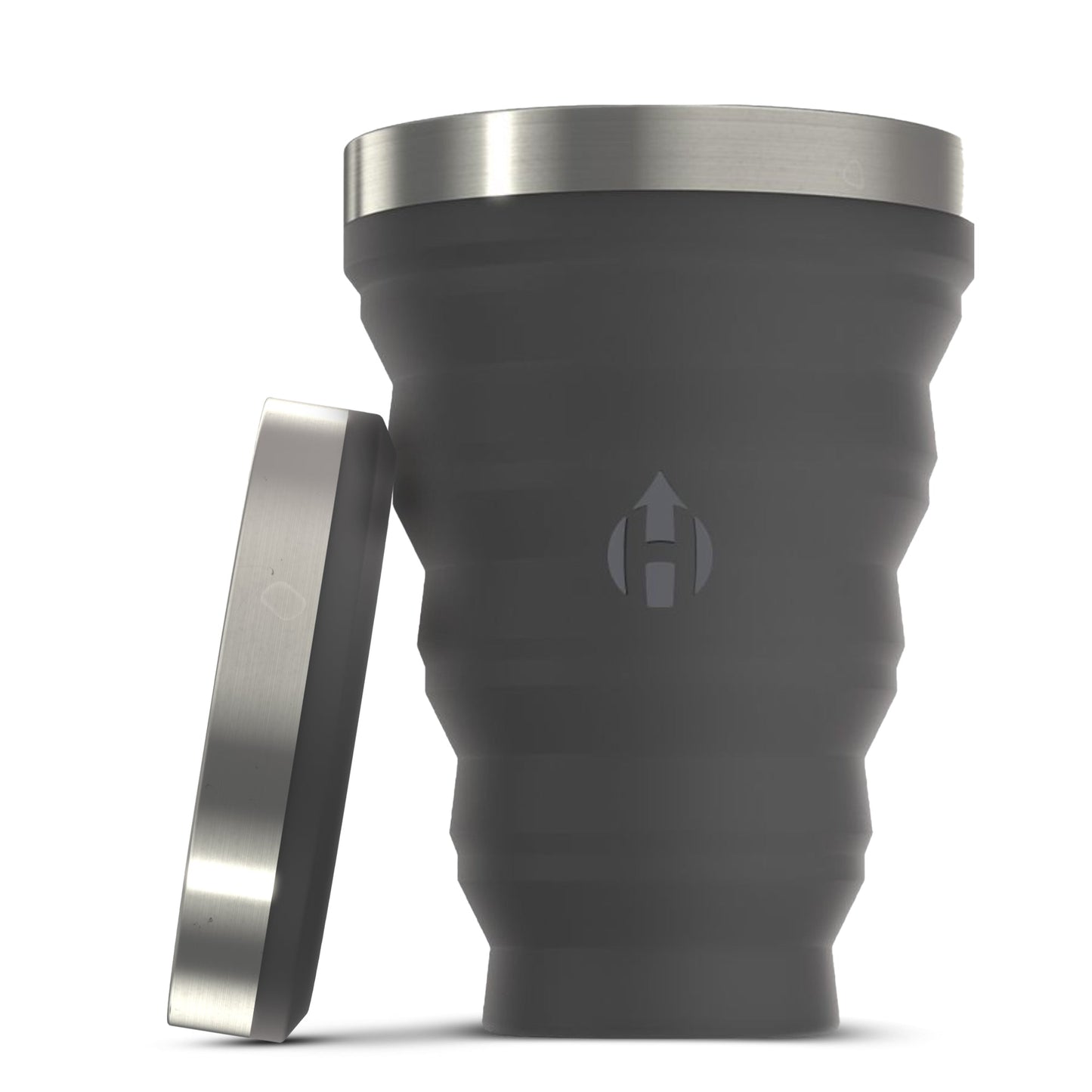 HYDAWAY 16oz collapsible pint cup in Jet Black color, shown expanded with lid propped beside it