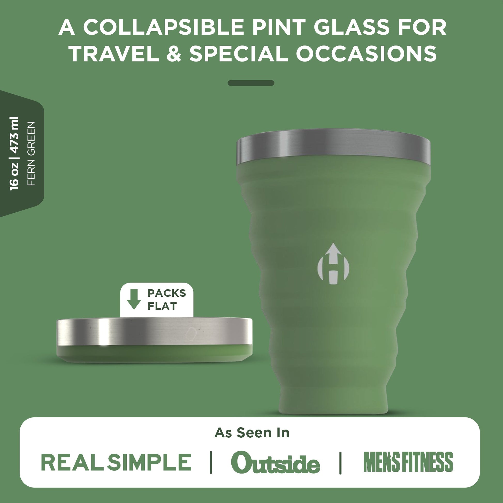 Infographic of HYDAWAY 16oz collapsible pint in Fern Green, showing expanded and flat-packed views with callout for portability