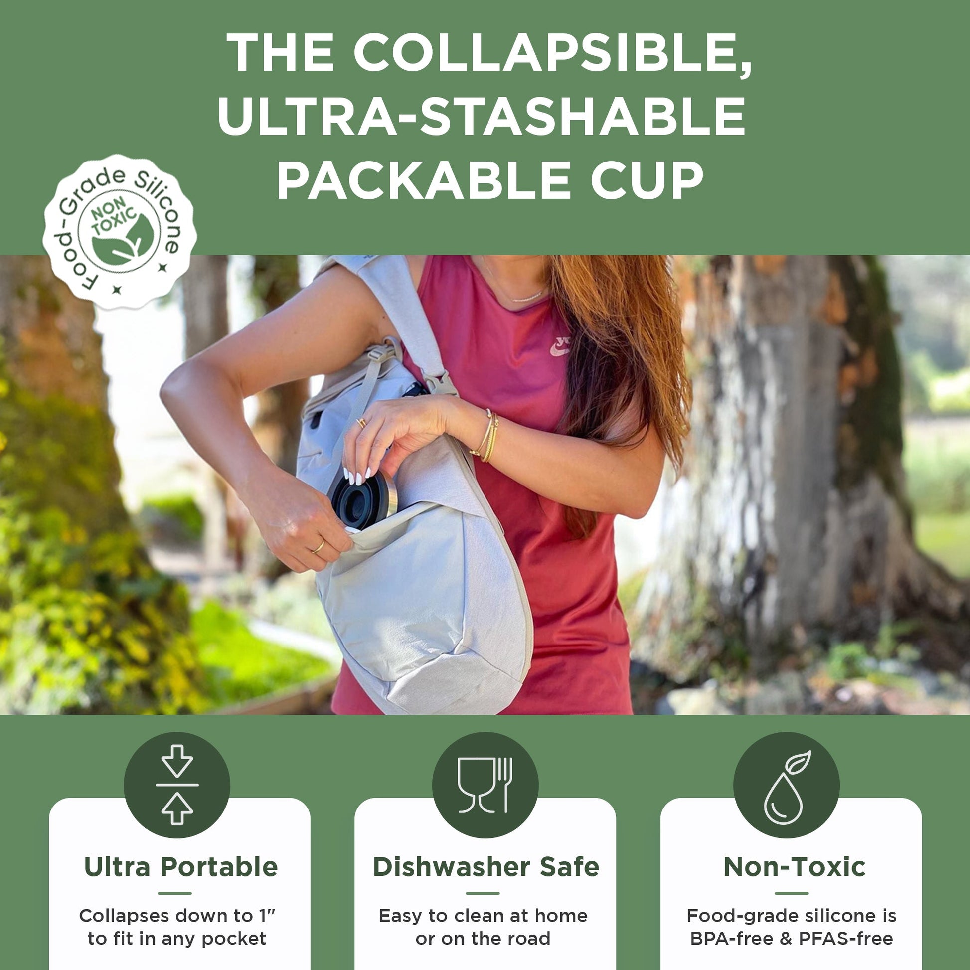 Woman placing collapsed HYDAWAY 16oz pint cup into backpack pocket with infographic text highlighting portability, non-toxic silicone, and dishwasher safety