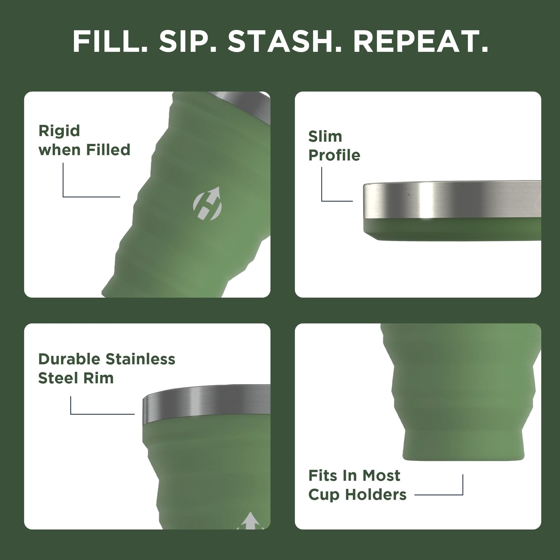 Infographic of HYDAWAY 16oz collapsible pint in Fern Green showing features: rigid when filled, slim profile, stainless steel rim, and cup holder compatibility