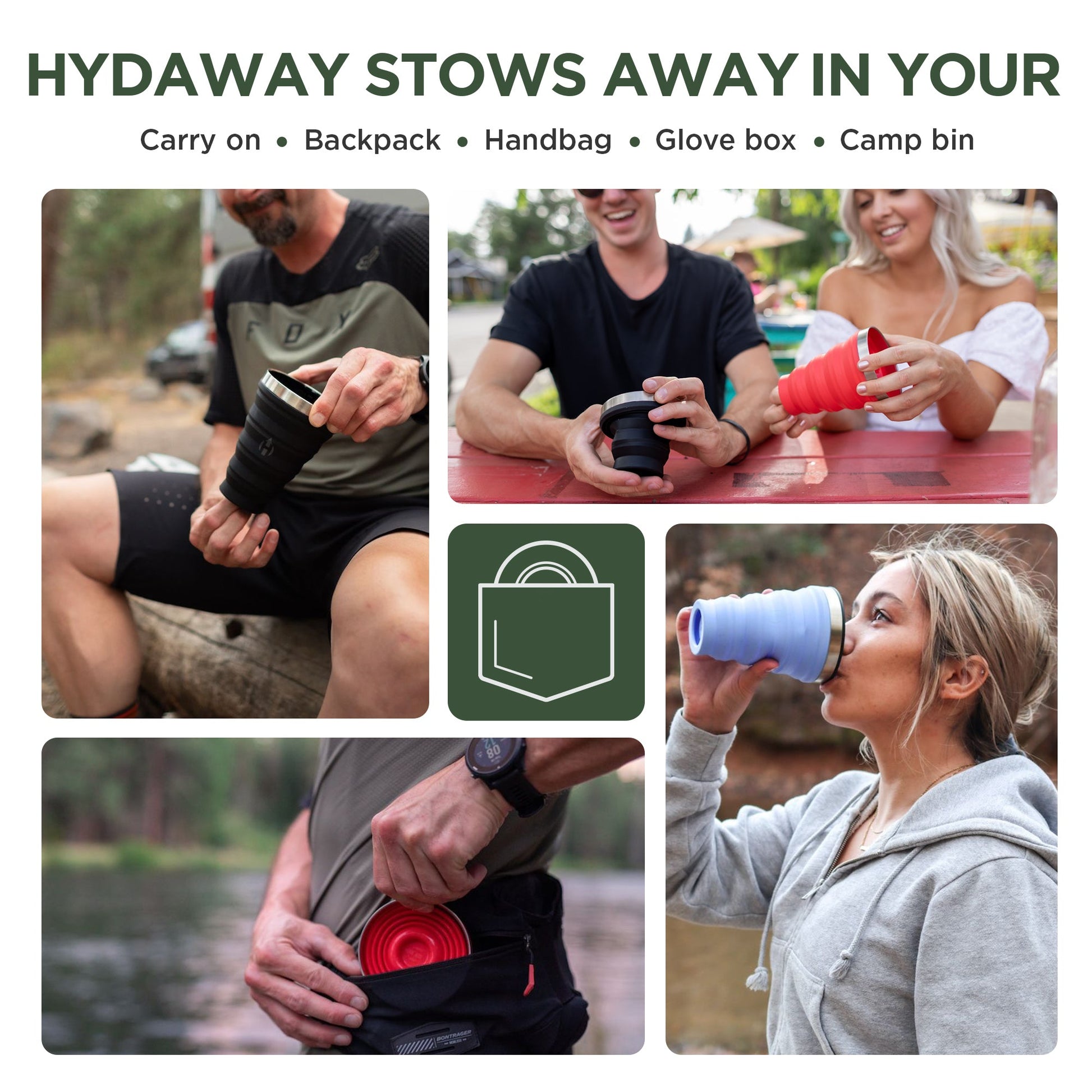 Lifestyle collage of HYDAWAY 16oz collapsible pint cups in use and storage, featuring black, red, and blue cups being used and packed outdoors