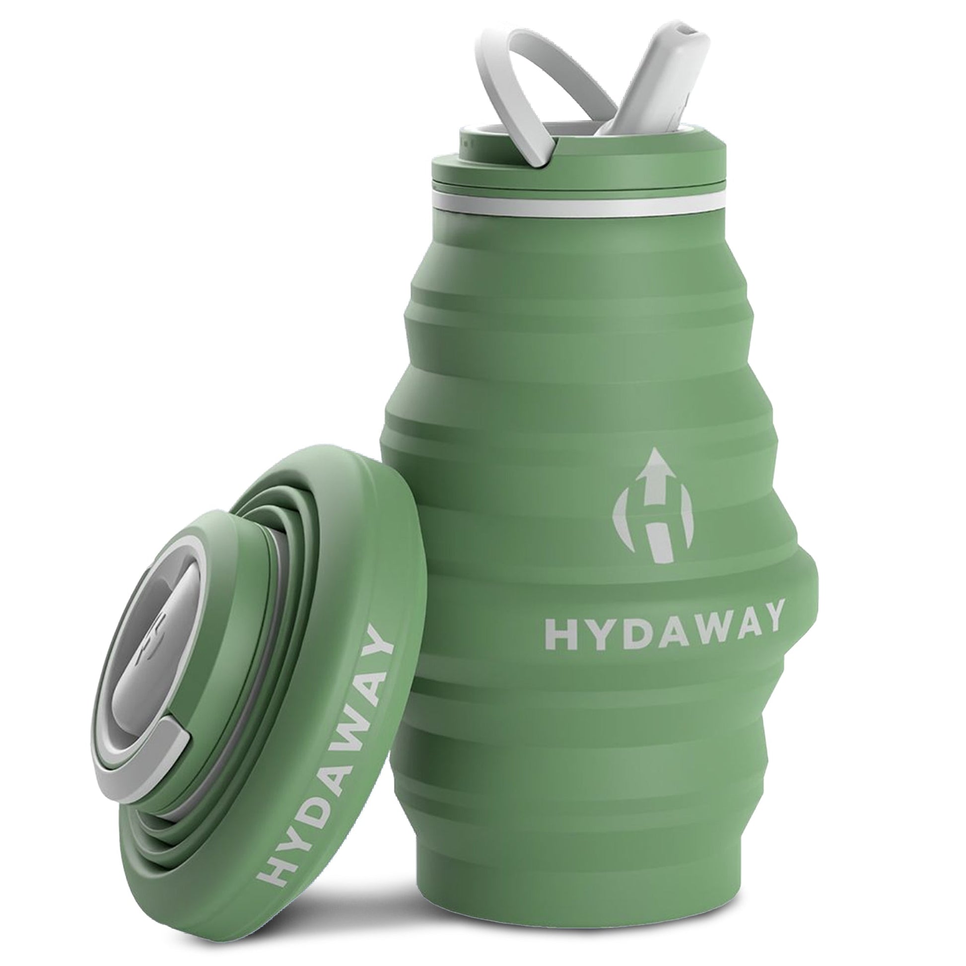 The HYDAWAY Official Store 17oz Collapsible Water Bottle is shown upright and expanded with its lid open, while another lies fully collapsed—showcasing its space-saving design, ideal for travel.