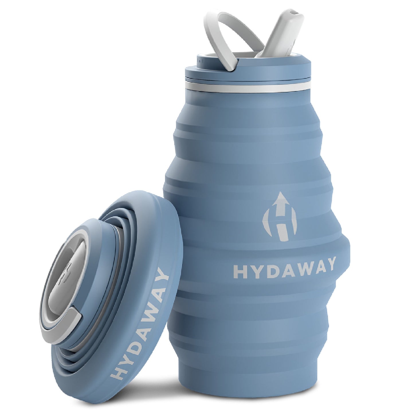 The HYDAWAY 17oz Collapsible Water Bottle from the HYDAWAY Official Store is shown expanded with its lid off and straw up, highlighting how this BPA-free silicone bottle folds compactly for easy portability.
