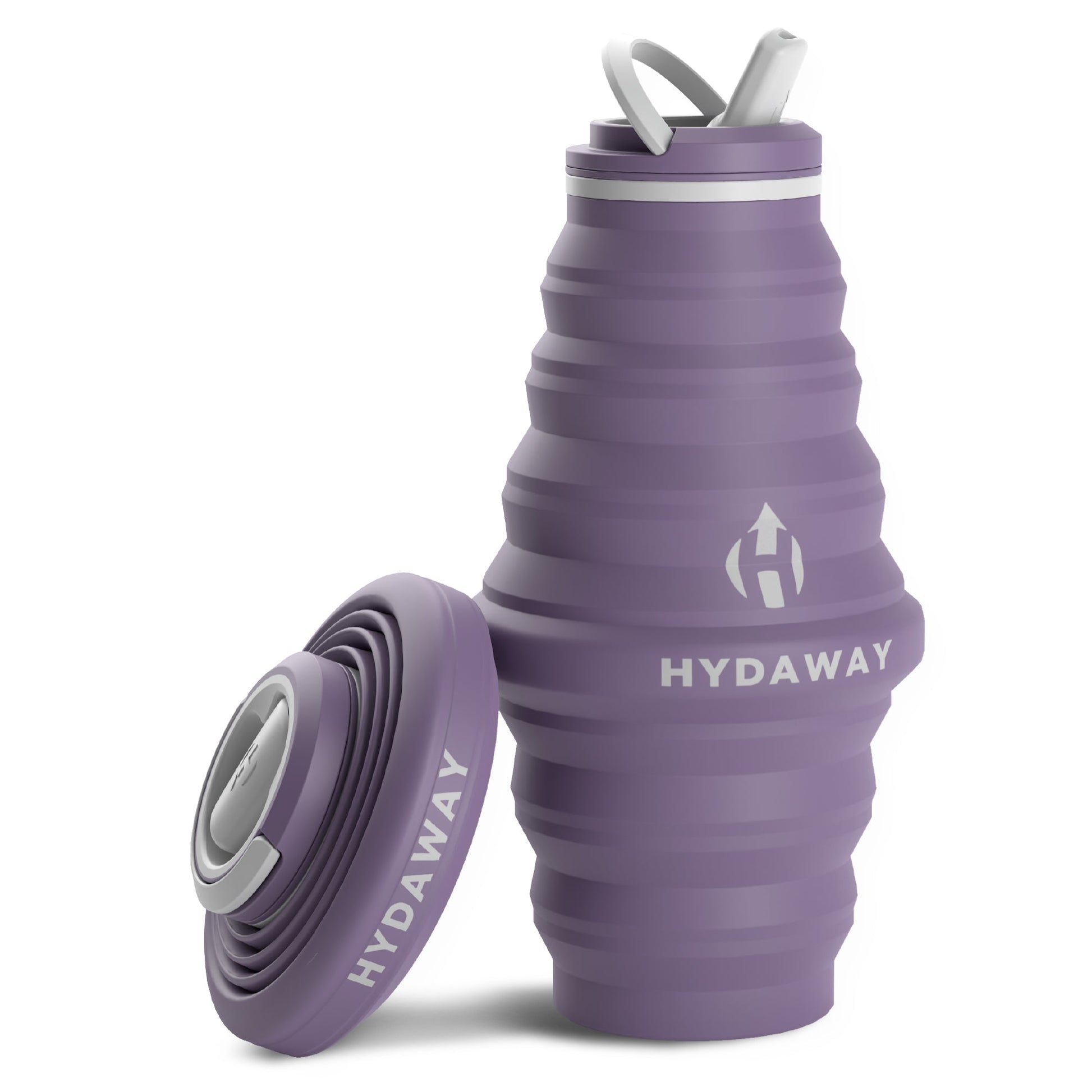 The HYDAWAY 25oz Collapsible Water Bottle from HYDAWAY Official Store stands upright with its matching screw-on lid beside it. Made of BPA-free silicone, it features a ridged accordion design and a gray carrying loop on top.