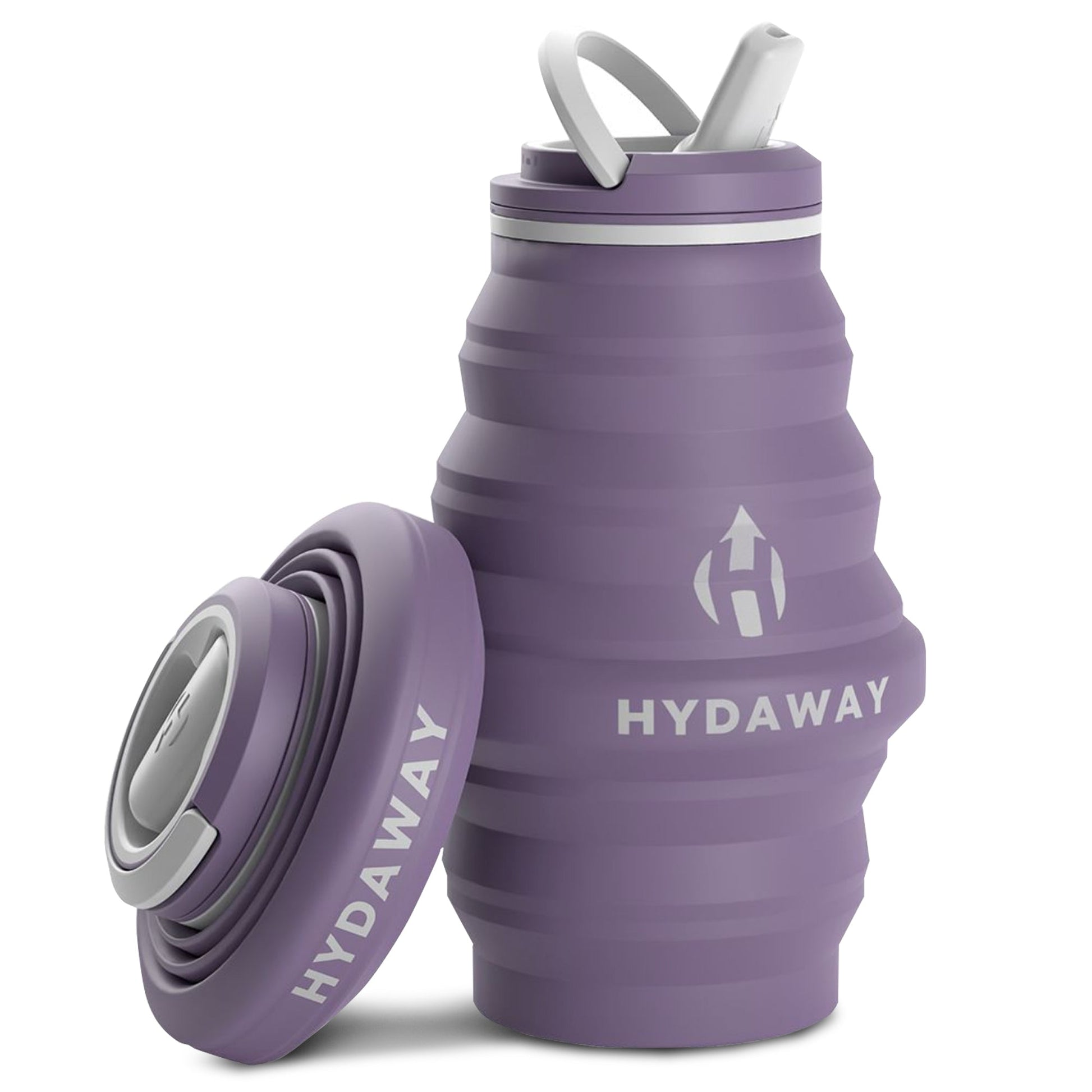 The HYDAWAY Official Stores 17oz Collapsible Water Bottle, made of BPA-free silicone, stands upright with its matching lid beside it, illustrating its compact folded design in purple.