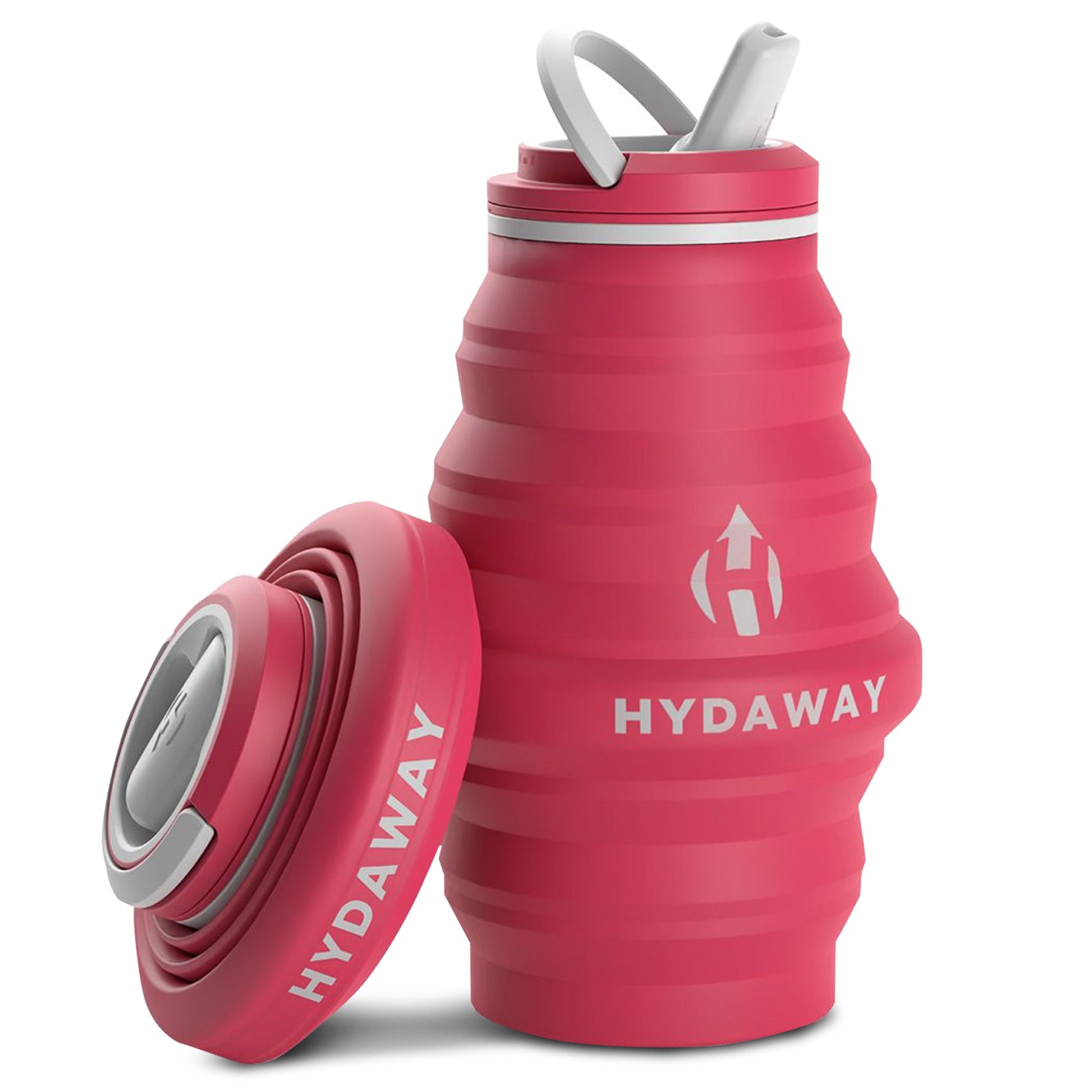 A HYDAWAY 17oz Collapsible Water Bottle from the HYDAWAY Official Store is shown in red, expanded with its gray lid open and straw visible. The folded lid is also displayed separately to show its compact, travel-friendly design.