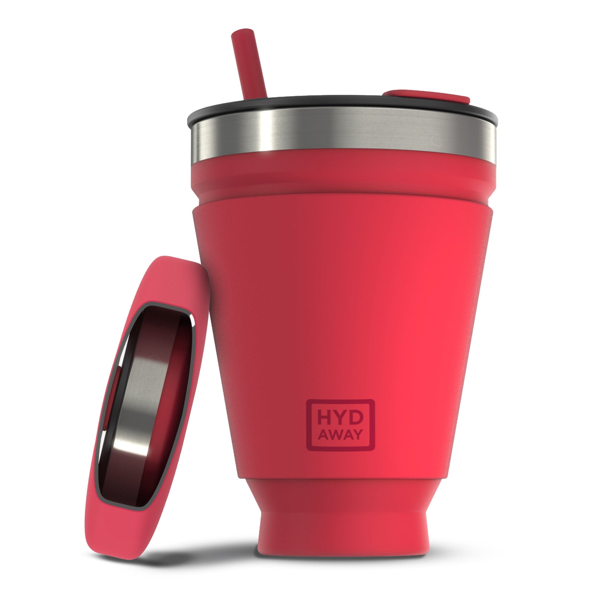 Red hydaway tumbler with a straw lid on a white background